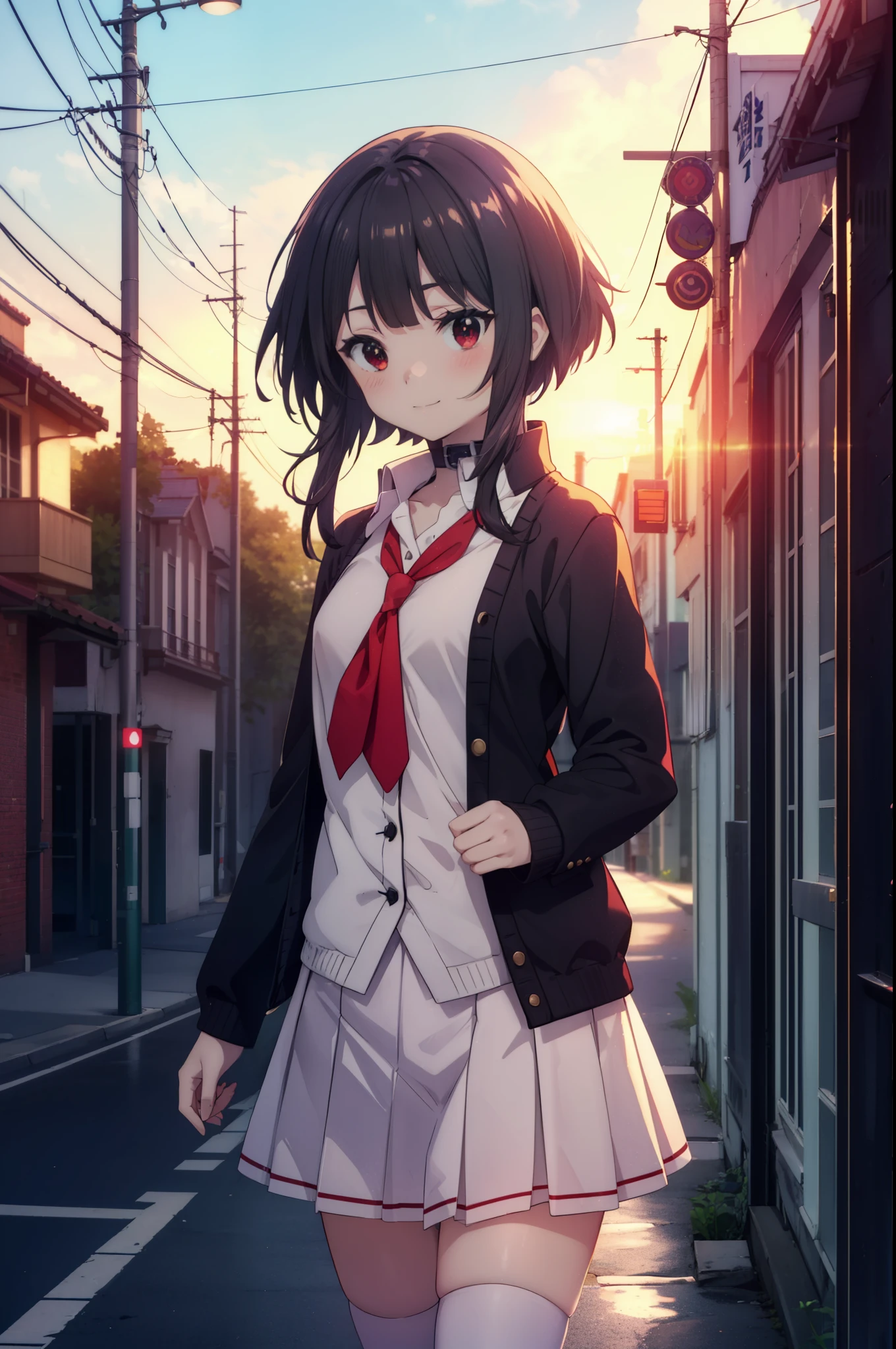 konosubaMegumin, Megumin, short hair, black hair, (red eyes:1.3), short hair with long locks,
blush,smile,high school girl uniform,Black cardigan,White tie,Red Blazer,Red pleated skirt,white knee high socks,black loafers,On the way home from school,evening,sunset,
break outdoor, In town,building street,
break looking at viewer, (cowboy shot:1.5),
break (masterpiece:1.2), highest quality, High resolution, unity 8k wallpaper, (figure:0.8), (detailed and beautiful eyes:1.6), highly detailed face, perfect lighting, Very detailed CG, (perfect hands, perfect anatomy),