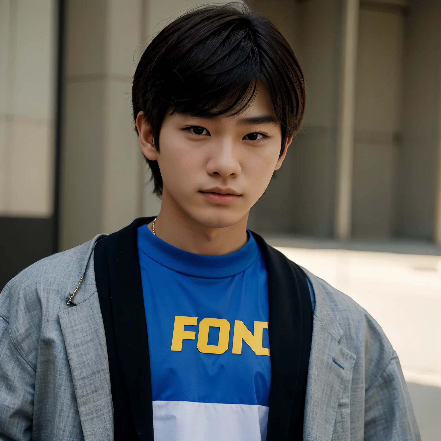 A very realistic 16 year old Korean guy who is dressed in y2k male fashion 