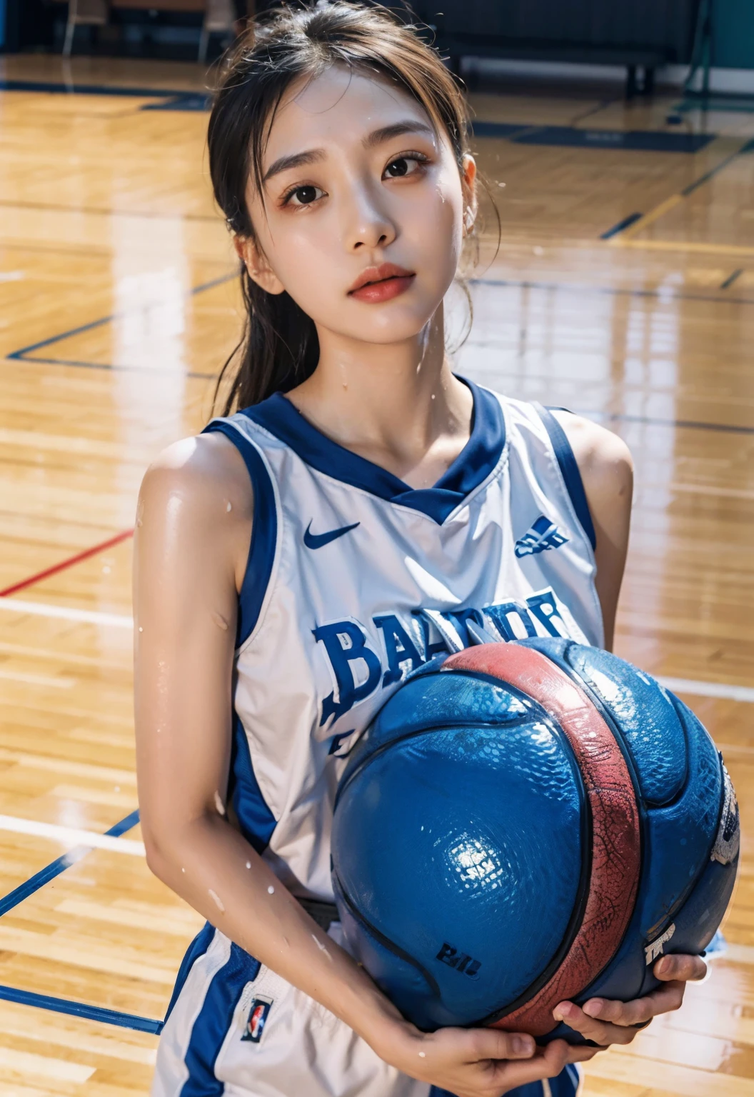 （8k， best quality， master piece：1.2），High resolution，1 girl，real looking skin，dynamic light and shadow,sharp focus,Depth of the bounds written,eyes are delicate,Realisticな生徒, playful expression， wear a basketball uniform，perfect body，the biggest，on the basketball court，Realistic, super detailed, (shiny skin, sweaty:1.4), looking at the viewer,