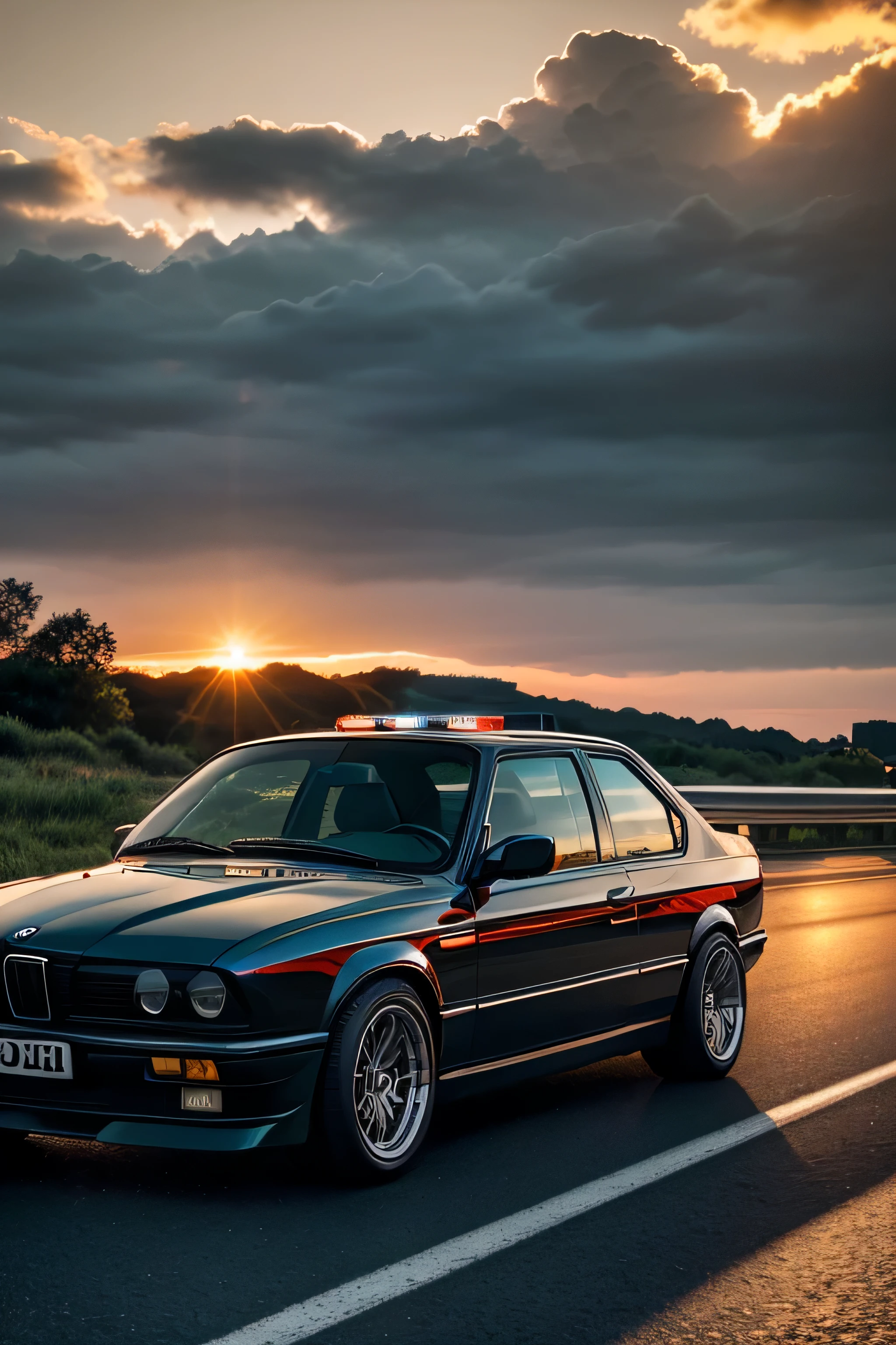 (a)bmw e30,parked on the side of the highway,its sleek lines and classic design catching the sunlight as it gleams in deep metallic blue color,its powerful engine ready to roar to life,(best quality,4k,8k,highres,masterpiece:1.2),ultra-detailed, conveying every intricate detail of its craftsmanship,from the curves of its body to the shine of its chrome accents. (b)Equipped with (police lights),the red and blue lights atop the car flash in a rhythmic pattern,casting vivid colors and adding a sense of urgency to the scene.The lights are reflected in the sleek surface of the car,creating a mesmerizing visual effect that adds to the overall atmosphere. (c)The highway stretches out in front of the bmw e30, with cars passing by in a blur,their headlights creating streaks of light (studio lighting),that illuminate the asphalt (realistic,photorealistic,photo-realistic:1.37),capturing every subtle texture and crack.The (sunshine) bathes the scene in warmth and light,casting long shadows from the vehicles and giving the image a sense of depth. (d)The setting sun adds a golden hue to the sky,creating a sense of tranquility amidst the fast-paced surroundings.The clouds are illuminated with shades of orange and pink,tinting the entire scene with a warm and inviting atmosphere. (e)In the distance,a city skyline emerges,its towering buildings reaching towards the sky,their reflective surfaces mirroring the colors of the sunset and adding a touch of urban vibrancy to the scene. (f)The (super realistic) representation of the bmw e30,combined with the (ultra-detailed) depiction of the highway,creates an image that is almost indistinguishable from a photograph.The (best quality,4k,8k,highres,masterpiece:1.2) ensures every nuance and detail is preserved,from the shine on the car's paintwork to the texture of the asphalt. (g)The composition of the image is carefully crafted to draw attention to the bmw e30 as the focal point,yet also capture the dynamic energy of the highway.The positio