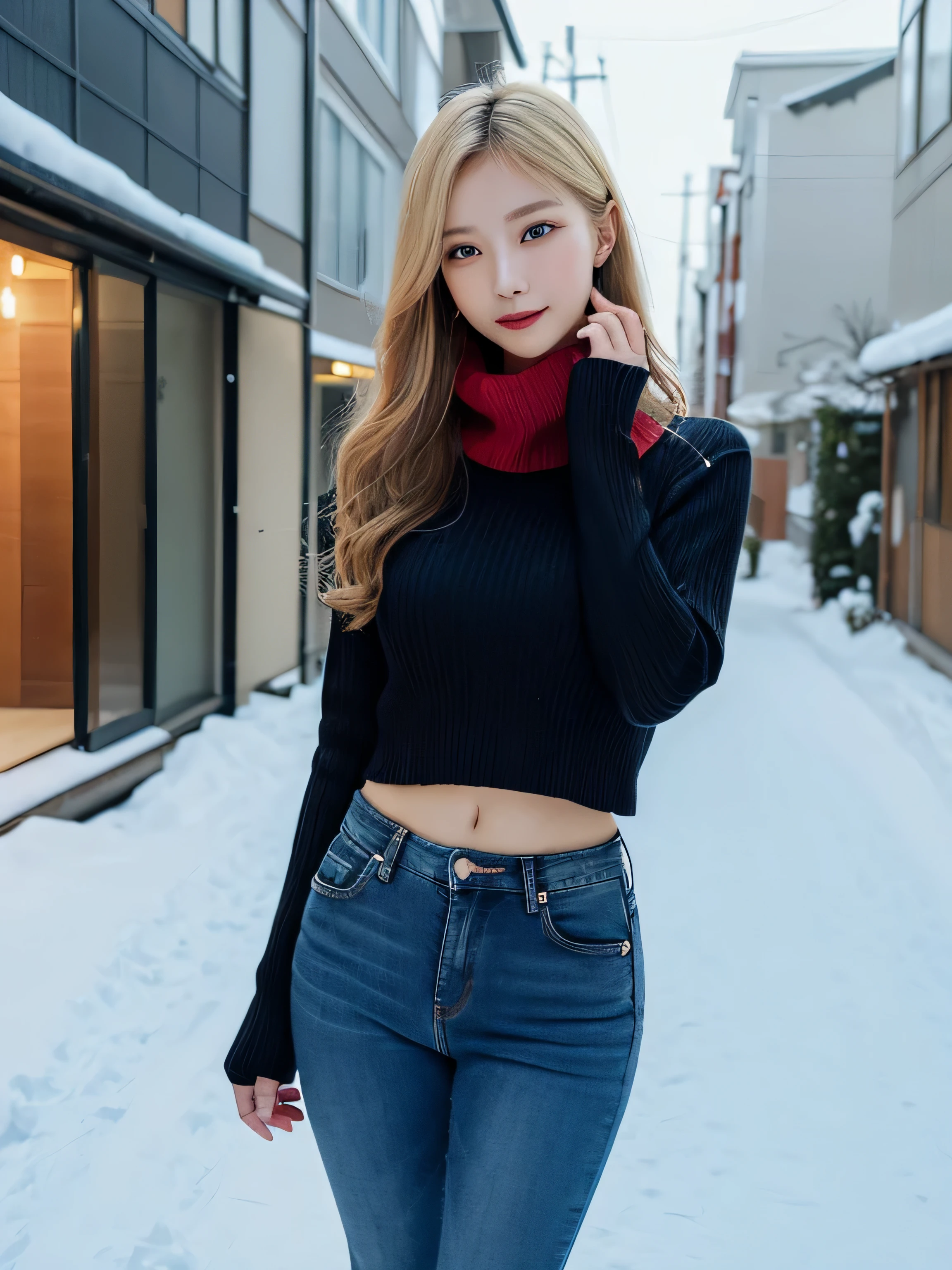 1 girl, (blue eyes), smile, (Sana Minatozaki), wide hips, big , big ass, (highest quality, 8k, masterpiece: 1.3), clear focus: 1.2, perfect body beauty: 1.4 , thin abs: 1.2, Highly detailed face and skin texture, fine eyes, double eyelid, red lips, (blonde long hair), (Red long-sleeved sweater :1.2), (black jeans :1.2), black scarf, Are standing, visibility is low, close, (In the snowy suburbs of Tokyo)