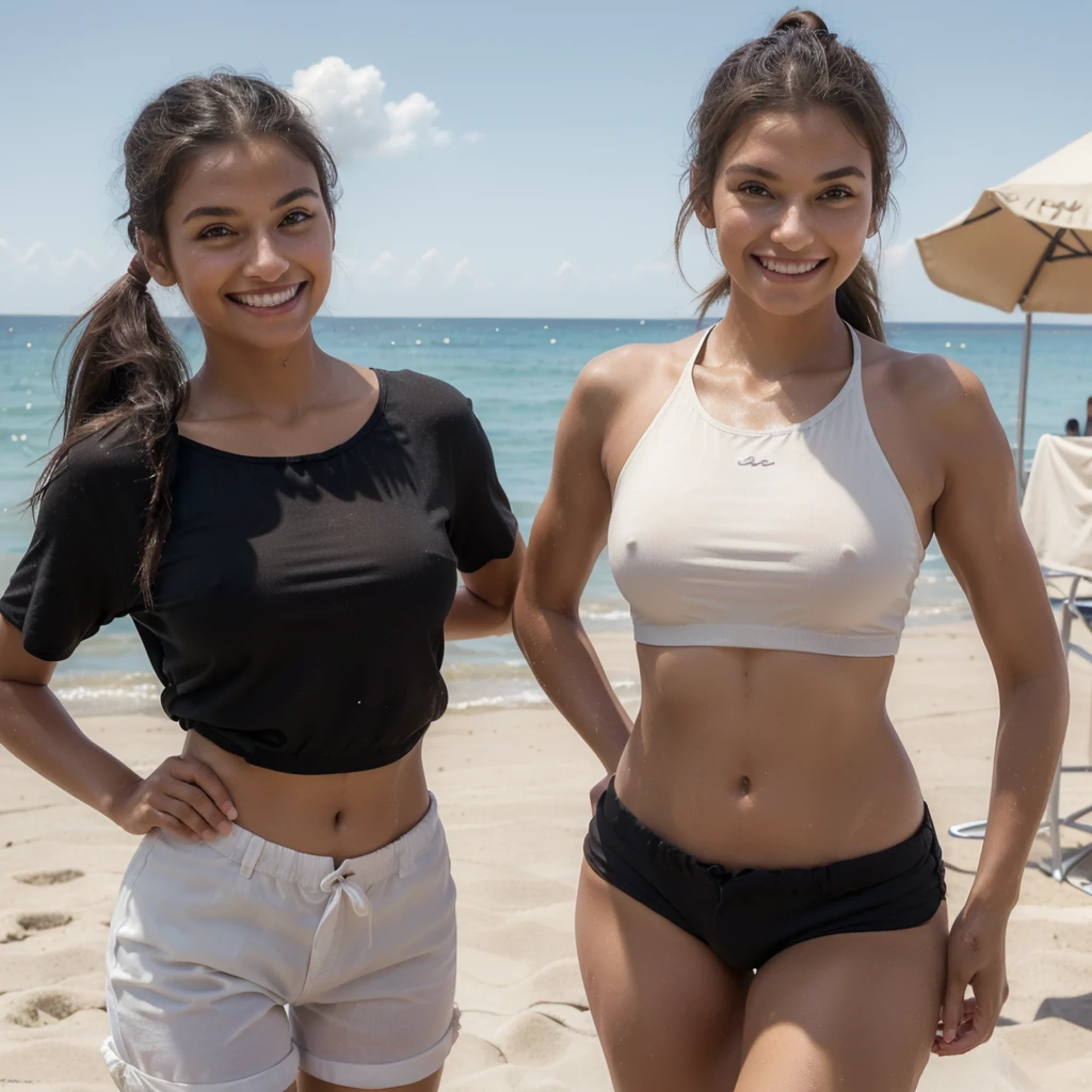 (masterpiece: 1.3), (ultrarealistic: 1.3), (photorealistic:1.3), (two girls: 1.3), (two models: 1.3), (big smile: 1.2), (modeling girls: 1.2) on the beach, sun, sea, tanned skin,skiny,slim,bikini,short pants,double, delicate eyes, sweat, looking here, smile, black hair, sheer shirt, south, sweat, summer, fun, ponytail, super high quality,