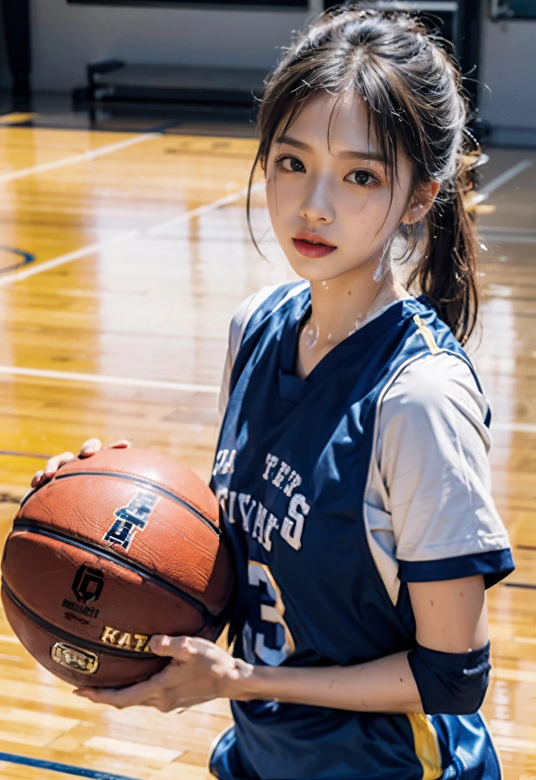 (8k, best quality, master piece:1.2),High resolution,1 girl,real looking skin,dynamic light and shadow,sharp focus,Depth of the bounds written,eyes are delicate,Realisticな生徒, playful expression, wear a basketball uniform,perfect body,the biggest,on the basketball court,Realistic, super detailed, (shiny skin, sweaty:1.4), looking at the viewer,