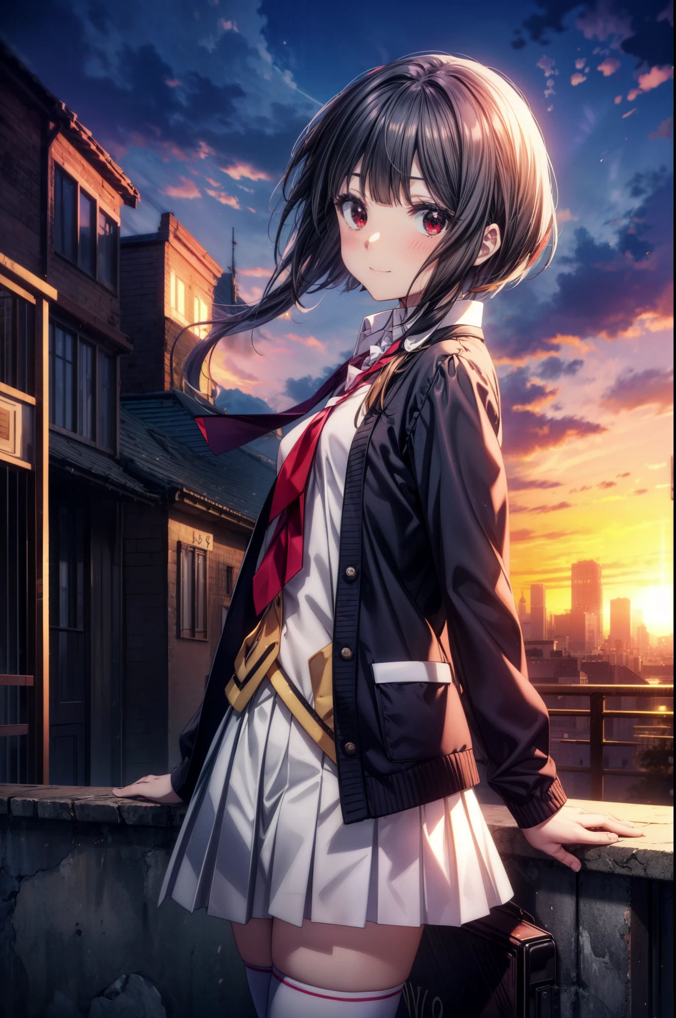 konosubaMegumin, Megumin, short hair, black hair, (red eyes:1.3), short hair with long locks,
blush,smile,high school girl uniform,Black cardigan,White tie,Red Blazer,Red pleated skirt,white knee high socks,black loafers,On the way home from school,evening,sunset,
break outdoor, In town,building street,
break looking at viewer, (cowboy shot:1.5),
break (masterpiece:1.2), highest quality, High resolution, unity 8k wallpaper, (figure:0.8), (detailed and beautiful eyes:1.6), highly detailed face, perfect lighting, Very detailed CG, (perfect hands, perfect anatomy),