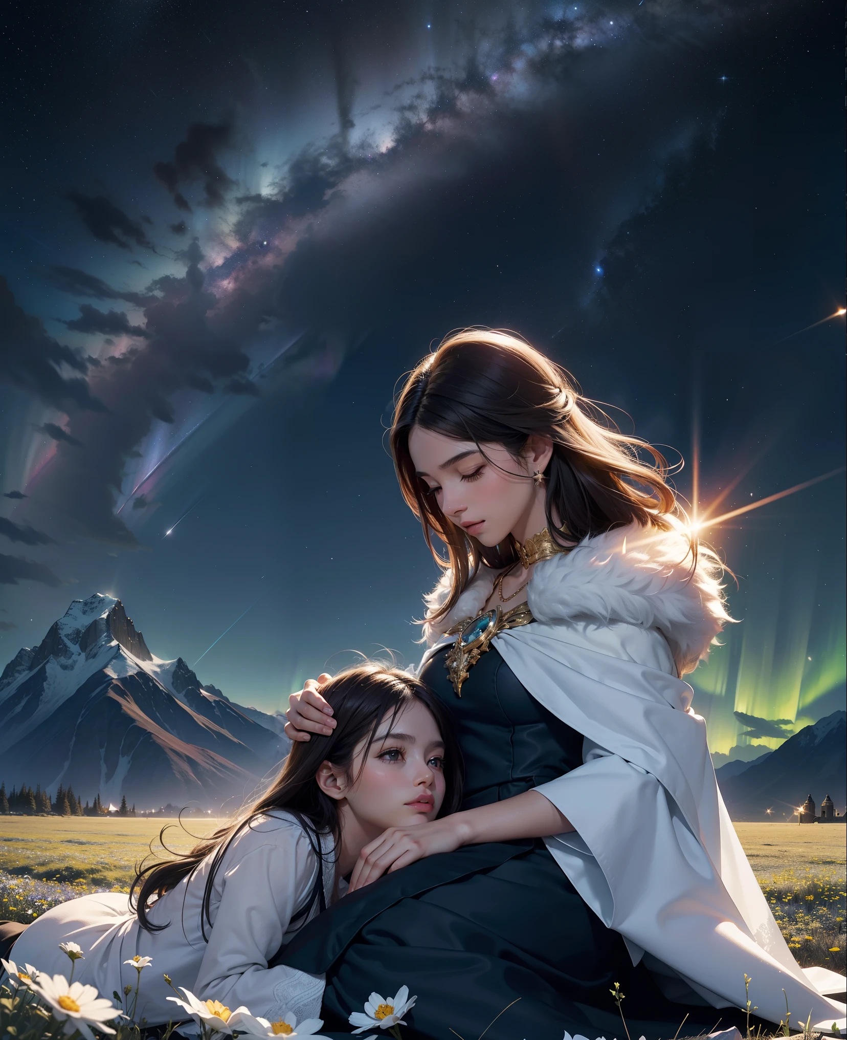 melhor qualidade, Ultra Realista, High quality night sky, Aurora BoReal lua brilhante e estrelas, Spark and lightning, dois casais de adolescentes, garoto, Garota, silhueta de dois adolescentes casal apaixonado, Garota, cabelos longos, estrelas brilhantes, garoto,
A man and a woman are together, under the dazzling starry sky. (melhor qualidade, A high resolution, ultra-detalhado), (Real, photoReal), Traje esportivo, romantic, vibrante com cores, long exposure photograph, lindos olhos, soft expressions, starry sky atmosphere, cosmos, peaceful tranquility, romantic movie poster, great scenery, Milky Way in the night sky, as estrelas brilham como diamantes,  He lay face down in a field full of mountain flowers,、looking up at the night sky.、Maybe it's because it's cold., Their breath seems pale white.、The source of light is a star in the night sky々Somente luz、De repente ela se vira para ele e cora、A shooting star visible from the position of the head flowed into the night sky.、The area is pitch black、In the dark、mesa、realista、beijo apaixonado、fundo altamente detalhado，realista，Ultra-detalhado，pele super detalhada，brilho de luz，film grain，Expro II，reflexo de lente，Afiado，cinematic shadow, The air is full of magic, The soft moonlight casts a dreamy glow, Intimate moments frozen in time, aurora boReal, casal, 1 homem , e 1Garota  