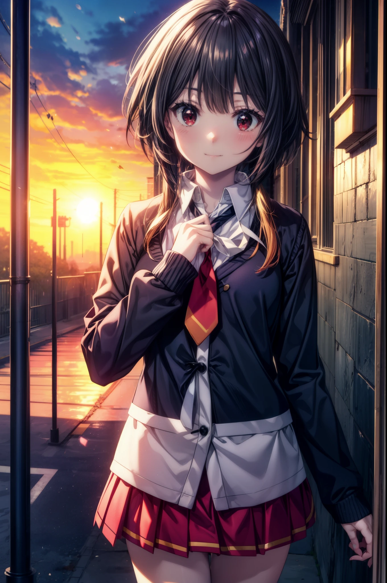 konosubaMegumin, Megumin, short hair, black hair, (red eyes:1.3), short hair with long locks,
blush,smile,high school girl uniform,Black cardigan,White tie,Red Blazer,Red pleated skirt,white knee high socks,black loafers,On the way home from school,evening,sunset,
break outdoor, In town,building street,
break looking at viewer, (cowboy shot:1.5),
break (masterpiece:1.2), highest quality, High resolution, unity 8k wallpaper, (figure:0.8), (detailed and beautiful eyes:1.6), highly detailed face, perfect lighting, Very detailed CG, (perfect hands, perfect anatomy),