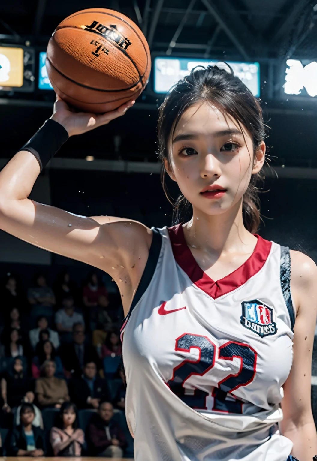 (8k, best quality, master piece:1.2),High resolution,1 girl,real looking skin,dynamic light and shadow,sharp focus,Depth of the bounds written,eyes are delicate,Realisticな生徒, playful expression, wear a basketball uniform,perfect body,the biggest,on the basketball court,Realistic, super detailed, (shiny skin, sweaty:1.4), looking at the viewer,