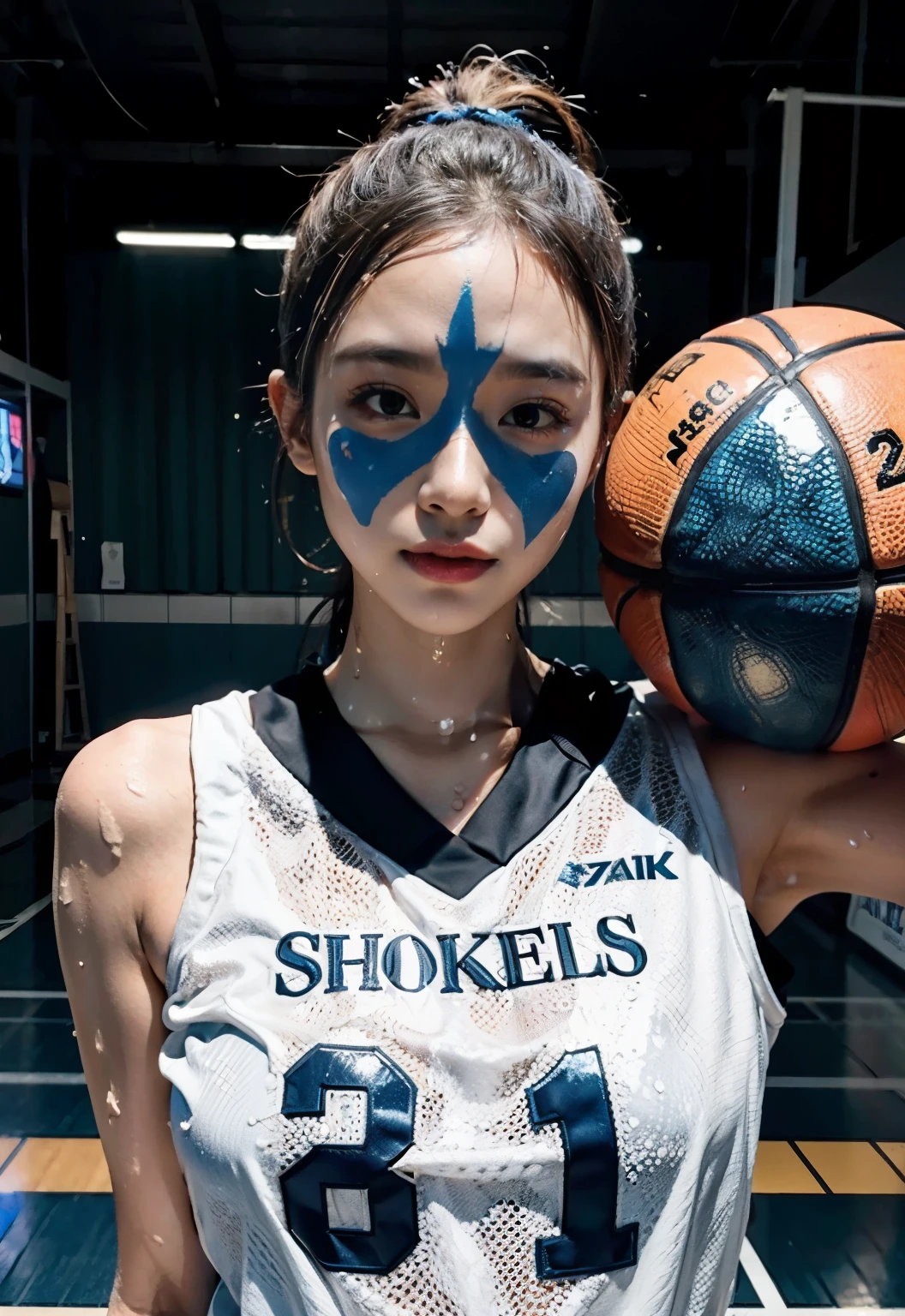 (8k, best quality, master piece:1.2),High resolution,1 girl,real looking skin,dynamic light and shadow,sharp focus,Depth of the bounds written,eyes are delicate,Realisticな生徒, playful expression, wear a basketball uniform,perfect body,the biggest,on the basketball court,Realistic, super detailed, (shiny skin, sweaty:1.4), looking at the viewer,