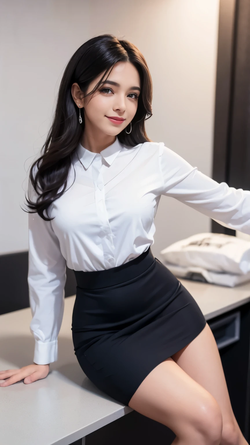 melhor qualidade, mesa, lindas mulheres maduras、rosto bonito、Mulher de mente forte、Dark blue office suit、White pants、cabelos castanhos、(Olhos castanhos)、Cabelo comprido、Olhos subdimensionados、Corpo inteiro como, black small skirt, white panties, perna cruzada, sorriso aparente, sem meia, sapato preto, top branco com renda preta
