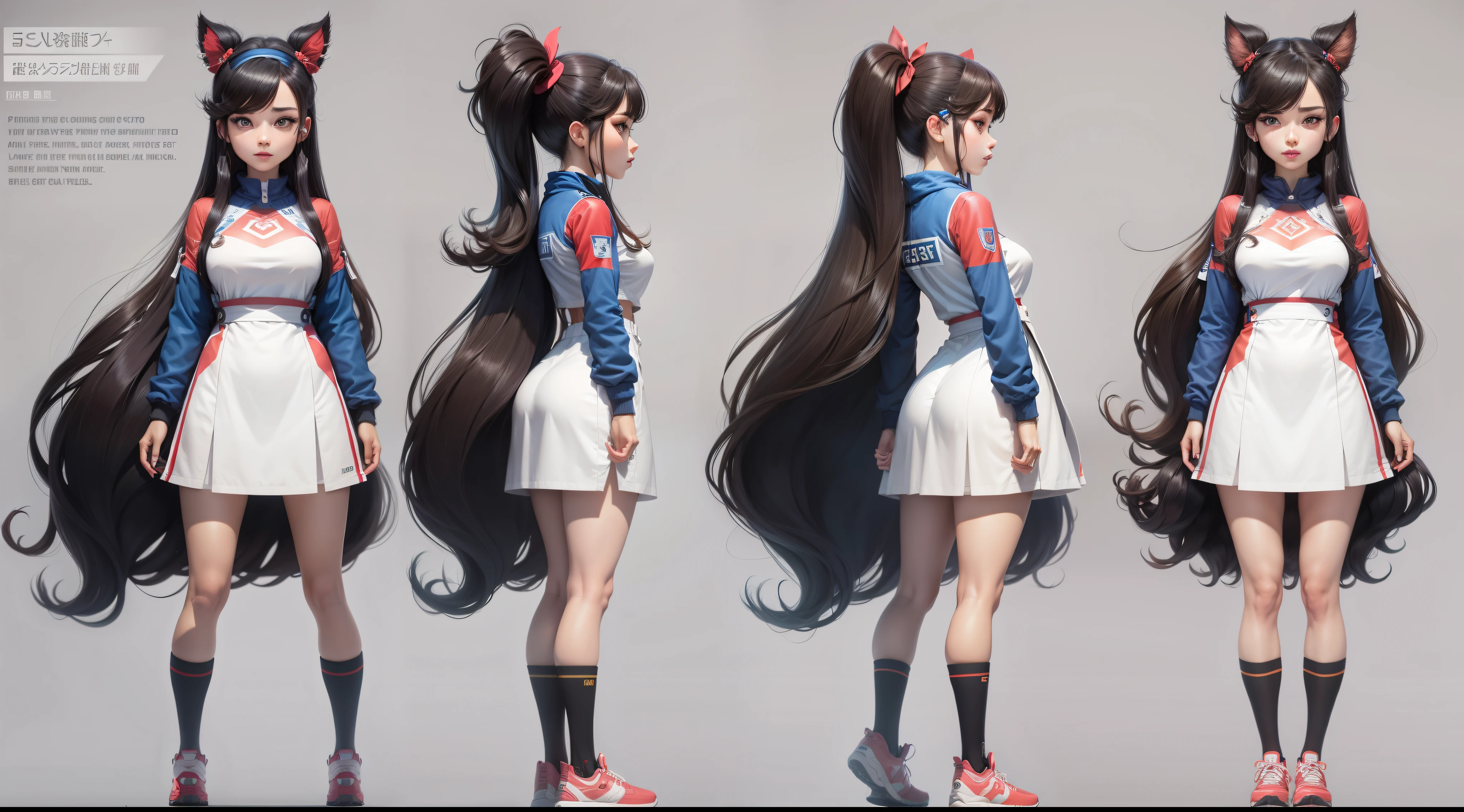 cartoon,20 year old female character,Generate three views,Front view、side view and rear view,Maintain consistency and uniformity
