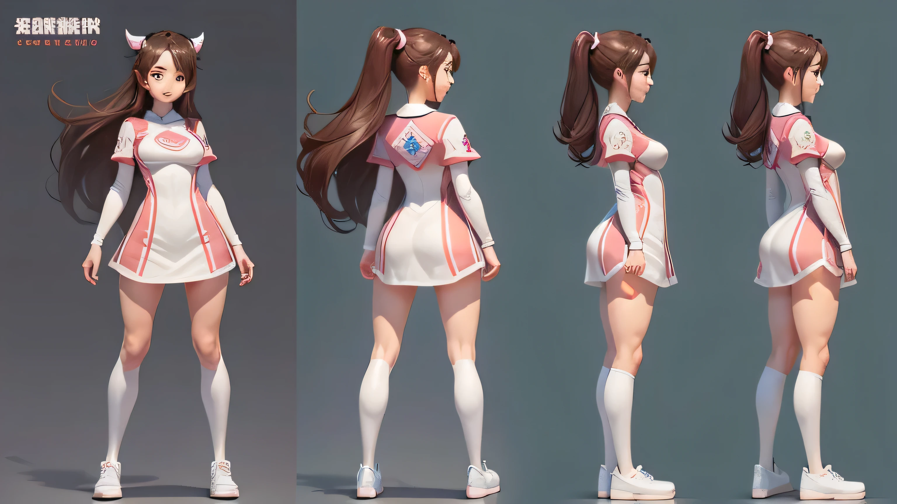 cartoon,20 year old female character,Generate three views,Front view、side view and rear view,Maintain consistency and uniformity
