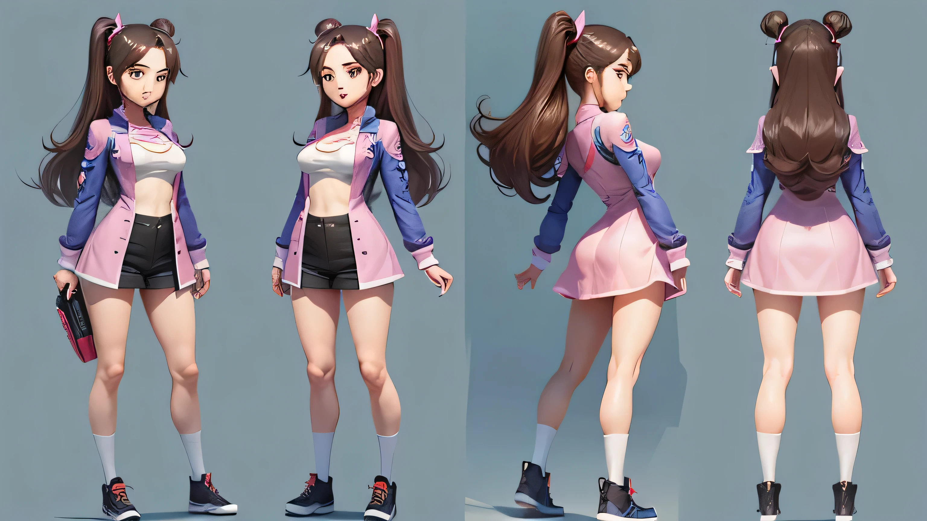 cartoon,20 year old female character,Generate three views,Front view、side view and rear view,Maintain consistency and uniformity