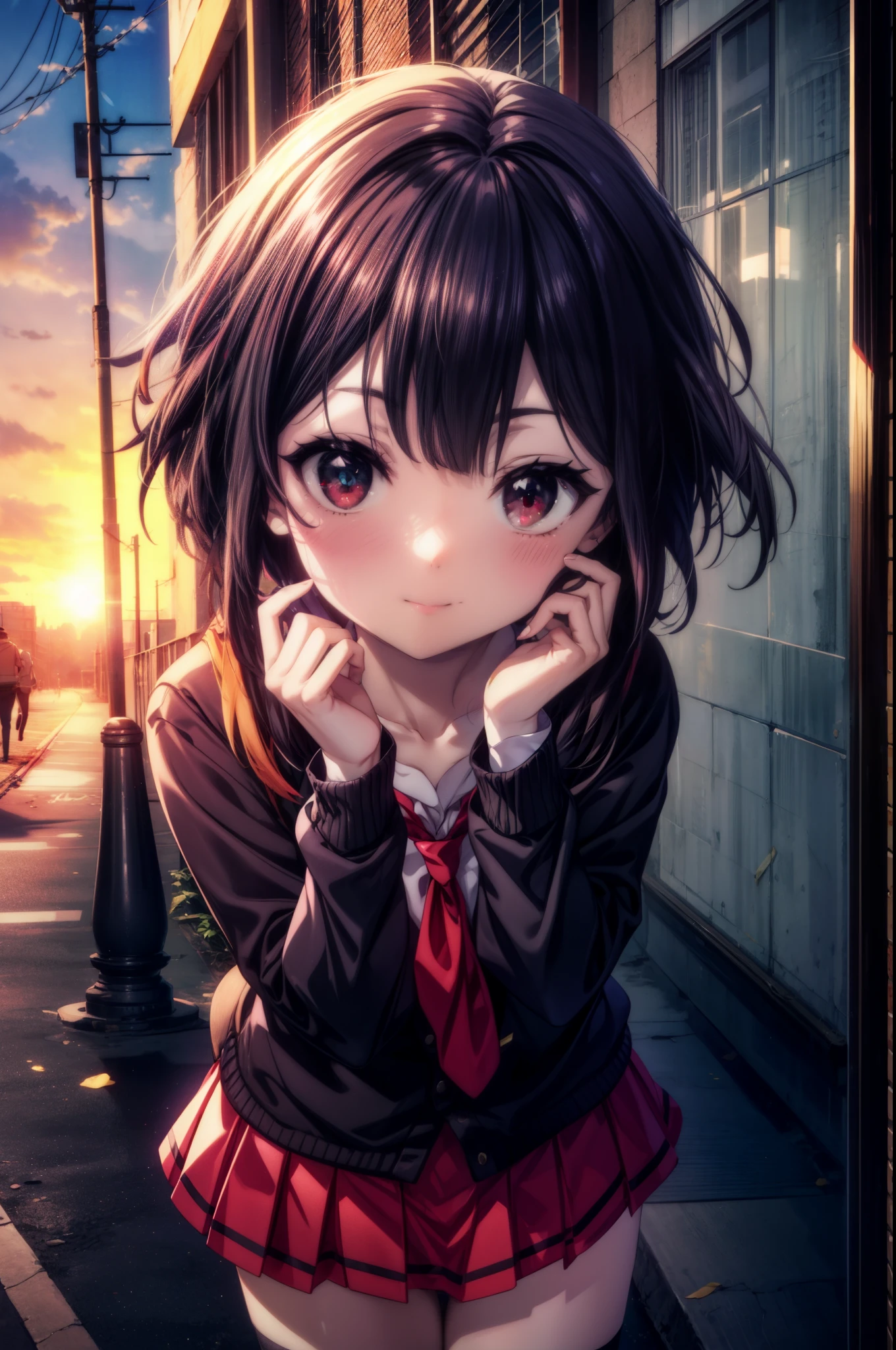 konosubaMegumin, Megumin, short hair, black hair, (red eyes:1.3), short hair with long locks,
blush,smile,high school girl uniform,Black cardigan,White tie,Red Blazer,Red pleated skirt,white knee high socks,black loafers,On the way home from school,evening,sunset,
break outdoor, In town,building street,
break looking at viewer, removed from above,(cowboy shot:1.5),
break (masterpiece:1.2), highest quality, High resolution, unity 8k wallpaper, (figure:0.8), (detailed and beautiful eyes:1.6), highly detailed face, perfect lighting, Very detailed CG, (perfect hands, perfect anatomy),