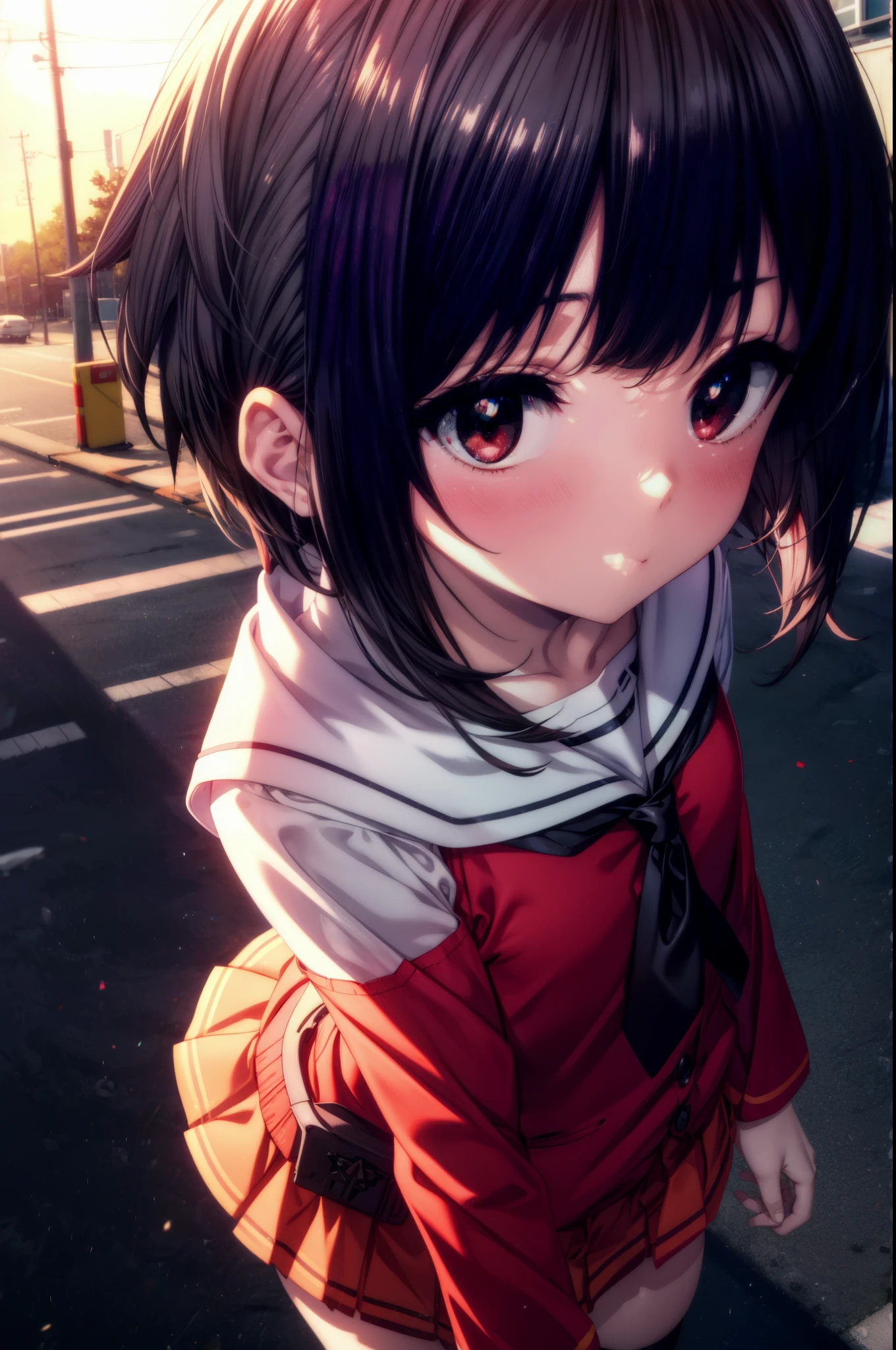 konosubaMegumin, Megumin, short hair, black hair, (red eyes:1.3), short hair with long locks,
blush,smile,high school girl uniform,Black cardigan,White tie,Red Blazer,Red pleated skirt,white knee high socks,black loafers,On the way home from school,evening,sunset,
break outdoor, In town,building street,
break looking at viewer, removed from above,(cowboy shot:1.5),
break (masterpiece:1.2), highest quality, High resolution, unity 8k wallpaper, (figure:0.8), (detailed and beautiful eyes:1.6), highly detailed face, perfect lighting, Very detailed CG, (perfect hands, perfect anatomy),