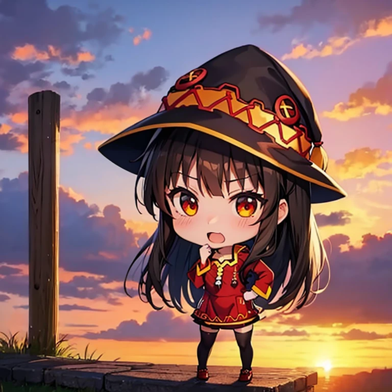 Megumin、(chibi), full body, (masterpiece)、highest quality、sunset