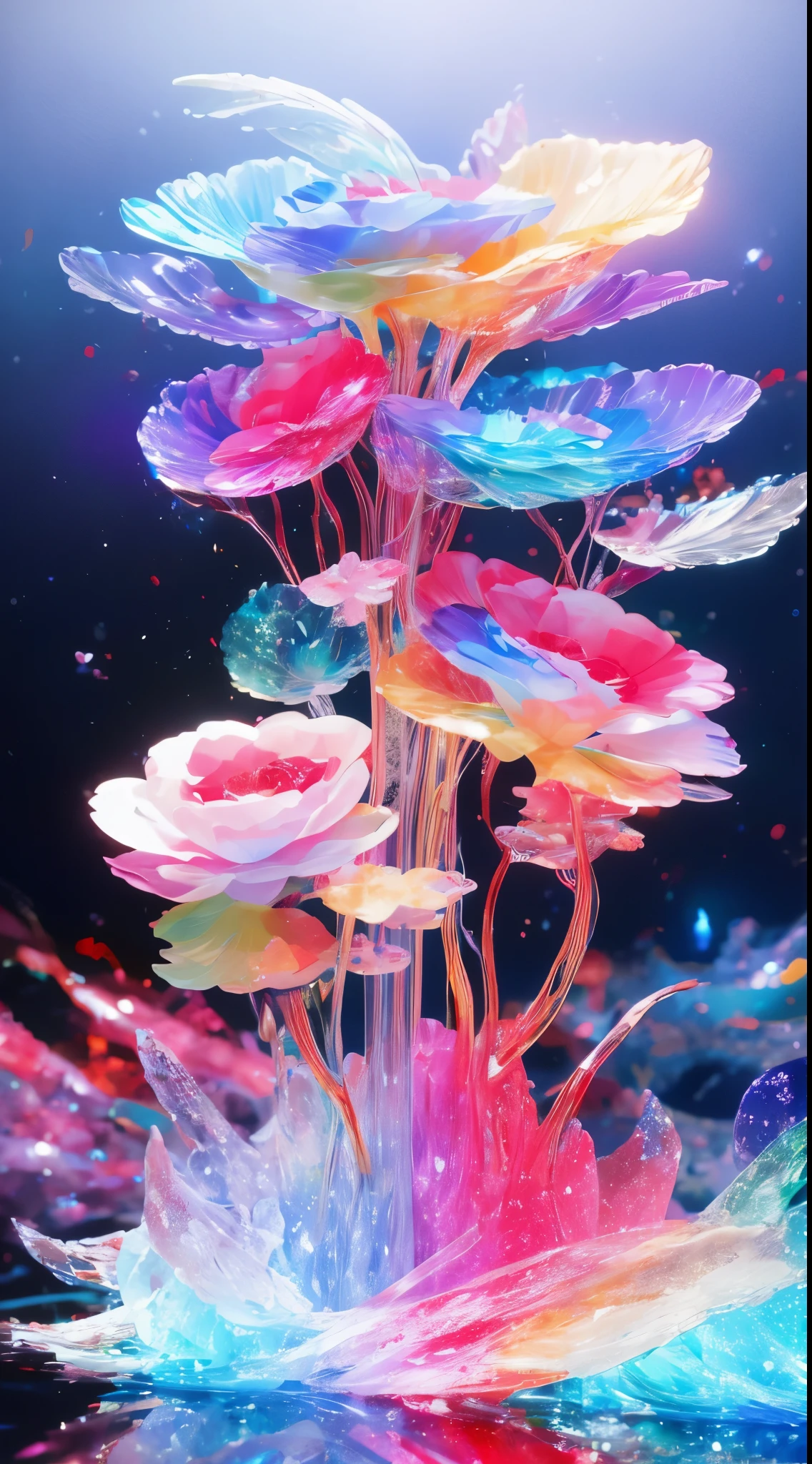 a girl，rainbow colors的头发，Romanticized nature，curls，A dreamlike realm，light white and light red，The atmosphere is very good，wave. 3d. rainbow colors. The melting beauty of the universe. Surrealism in Nebula Reflections. glass texture，Translucent，crystal