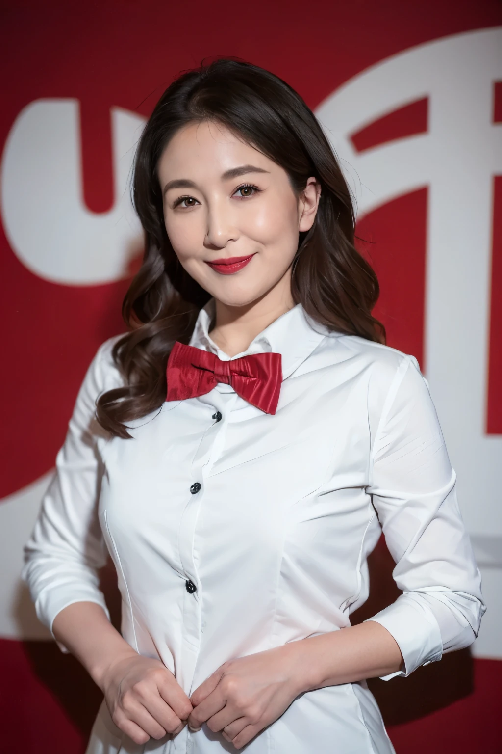 ((top quality、8k、masterpiece:1.3))、sharp focus, High level of image quality, high resolution，,white shirt，red bow tie，jeans，wavy long hair，，37-year-old female，Mature，charming smile，Draw lips correctly, red lipstick，stand，Slightly fat，medium chest，full-body shot