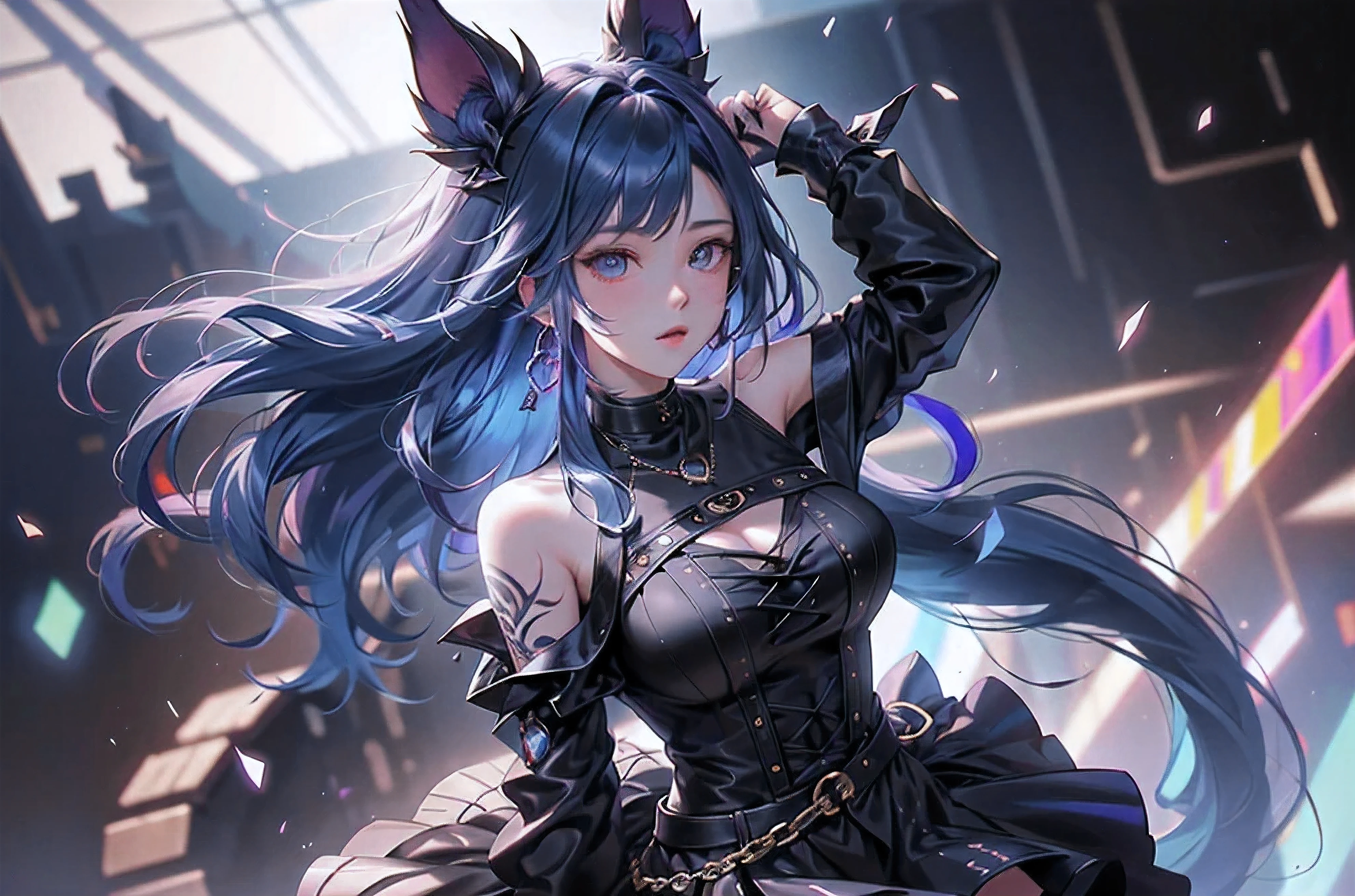 top quality、Top image quality、Masterpiece、girl with((18 years old、dark clothes、darkness is good、Dark skirt、 best bust、Bust 90、(long hair:1.3)、blue eyes、open your heart、valley、happiness、The slender one、Provocative behavior、Face、put on handcuffs、High laughter、skull tattoo、rose tattoo、Target your audience、Tighten blue rose hair、dark aura,dark force,blue flame、chain accessories、black wings、black manicure、Black whip、Wear dark vibration))high quality、beautiful art、background with((prison、dark impression、night city,Red sky、many batani chain stores、magma、bright red earth))、on the table、Well-designed、visual art、dark arts, huge