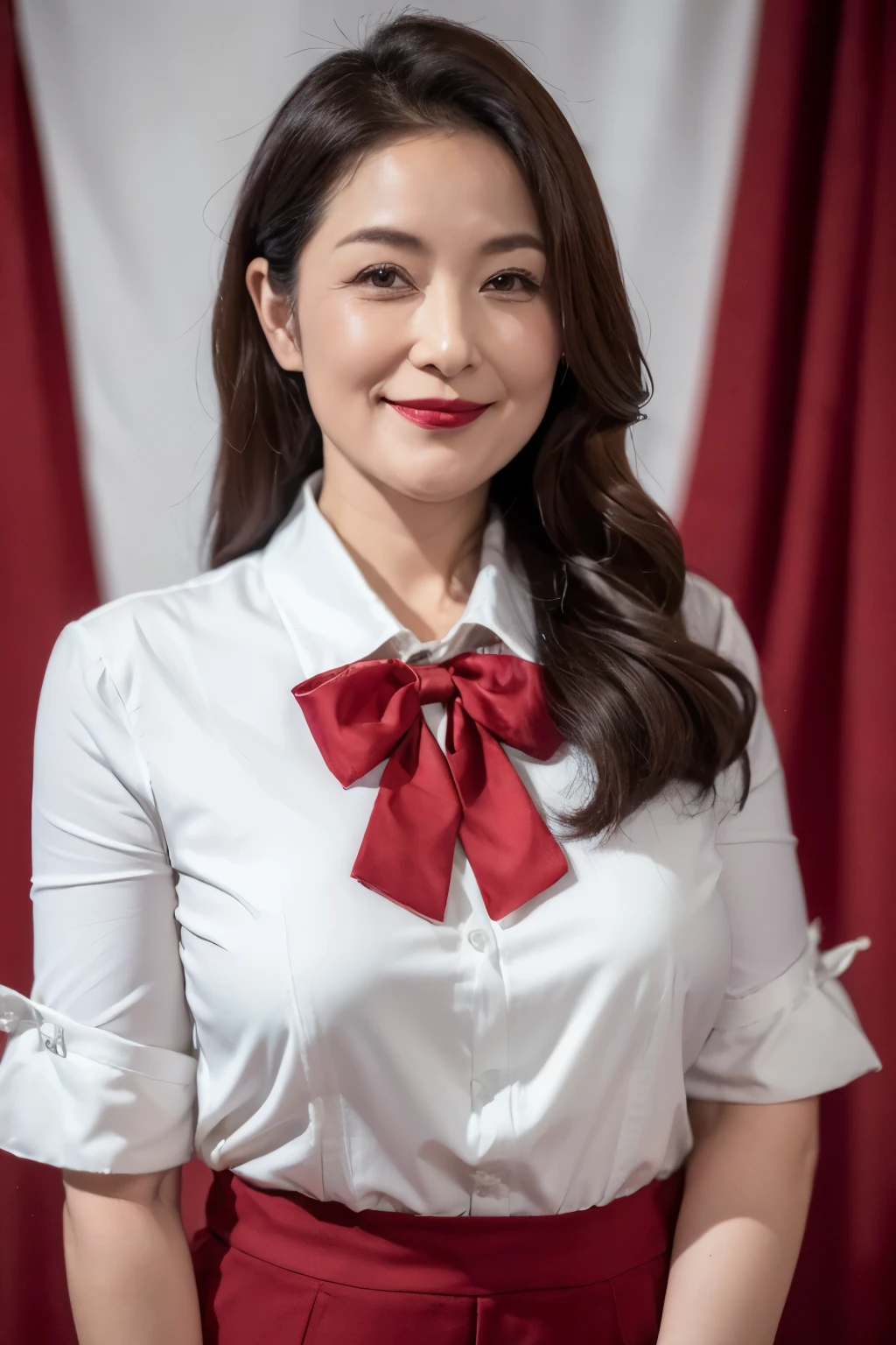 ((top quality、8k、masterpiece:1.3))、sharp focus, High level of image quality, high resolution,,white shirt,red bow tie,jeans,wavy long hair,indoor background,37-year-old female,Mature,charming smile,Draw lips correctly, red lipstick,stand,Slightly fat,medium chest,full-body shot