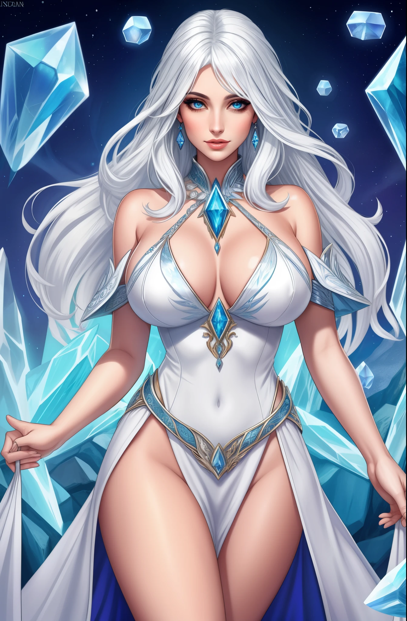 Fantasy Female sorceress, icy white hair, nordic, fair skin, crystals