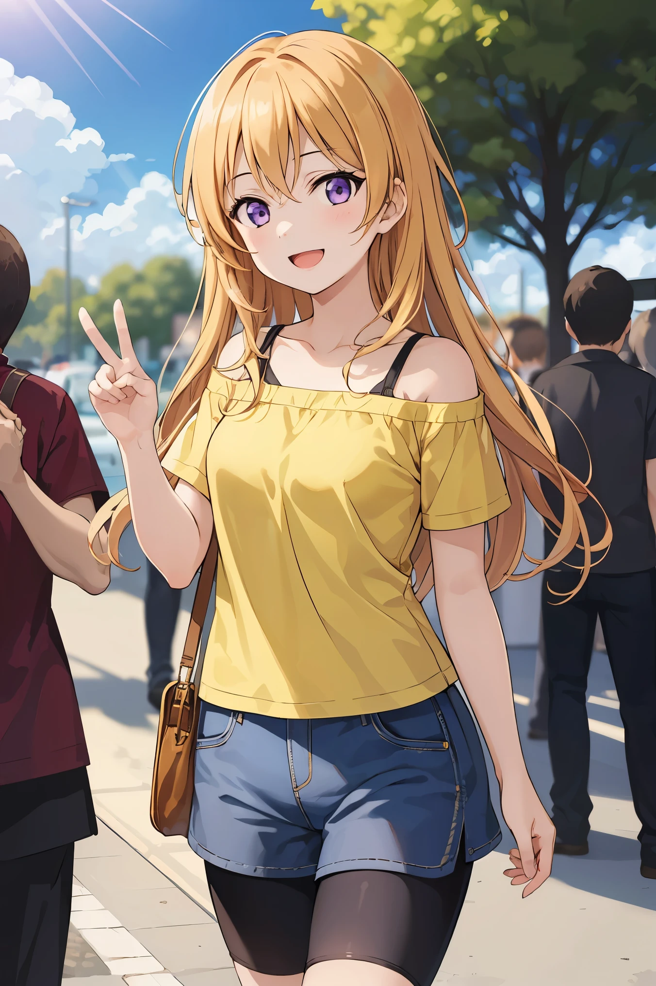 (best quality, masterpiece:1.2), (1girl, solo:1.2), cute, smile,  detailed background, (looking at viewer, solo focus:1.2), light on face, sky, blue sky, cowboy shot, sunlight, lens flare, depth of field, scenery, open mouth,
Kanata konoe, long hair, purple eyes, blonde hair, straight hair, off shoulder, light purple shirt, t-shirt short, short sleeves, bike shorts, black bike shorts, standing, two peace sign, solo focus,