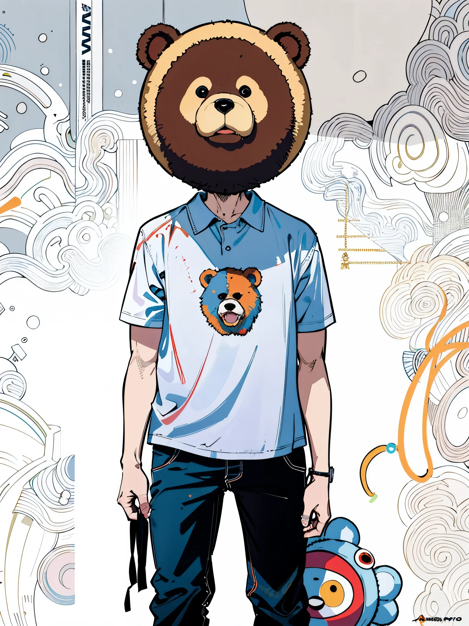 Bearhead, portrait of anthropomorphic bear, big head, big headで, Inspired by Ron English, Bubble head, alex pardee, full body mascot, gray personification, A sad man wears a bear mask, Asano Inoi'illustration of、line drawing、comics、High resolution、highest quality、8k