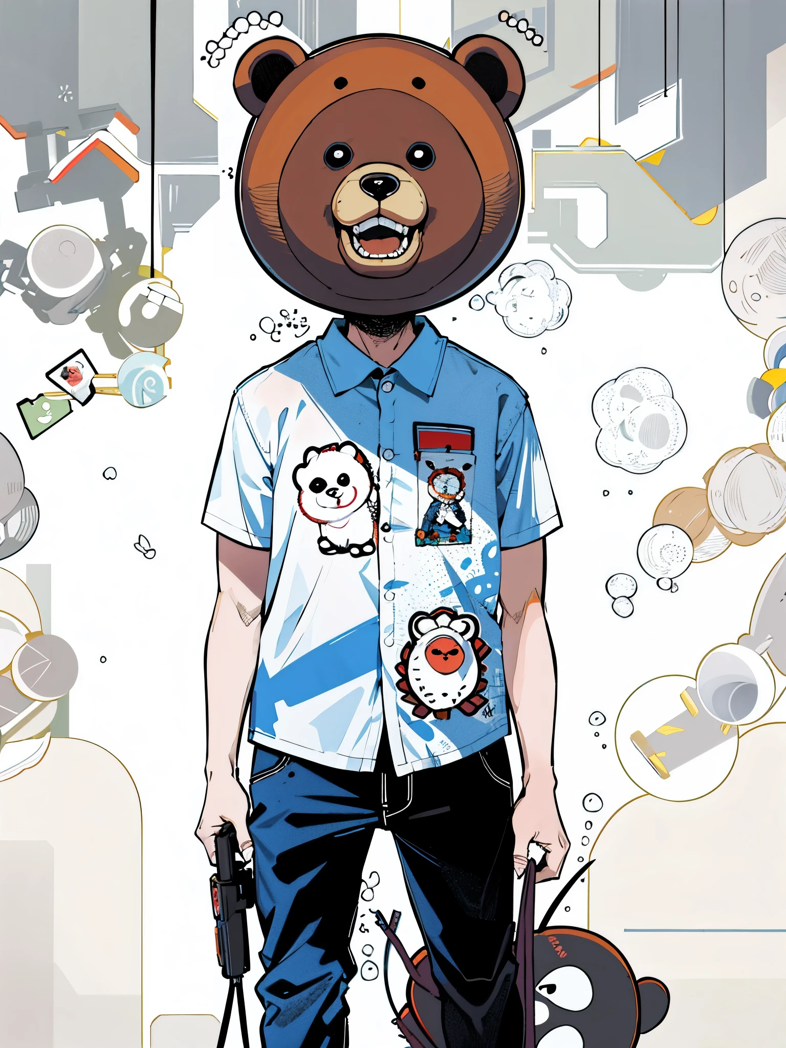 Bearhead, portrait of anthropomorphic bear, big head, big headで, Inspired by Ron English, Bubble head, alex pardee, full body mascot, gray personification, A sad man wears a bear mask, Asano Inoi'illustration of、line drawing、comics、High resolution、highest quality、8k
