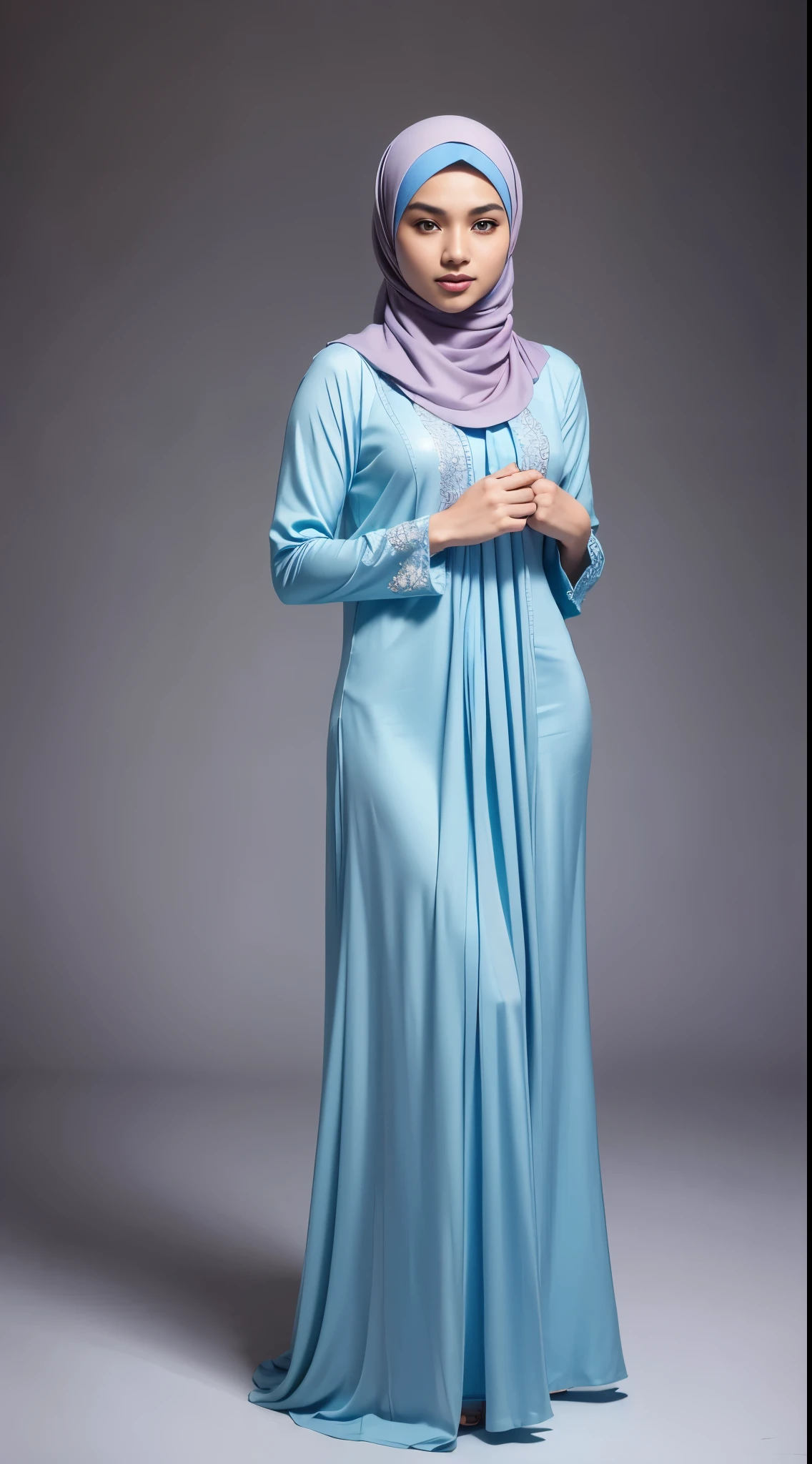 RAW, Best quality, high resolution, masterpiece: 1.3), beautiful Malay man in hijab (iu:0.8)1beautiful  Malay man in hijab wearing modern youth Muslim clothing,small breasts, modest fashion, flowing shawl, portrait photography, full body shot photo, ultra detail, professional photo with professional lighting, smile, light blue studio random background, sexy seductive pose, 