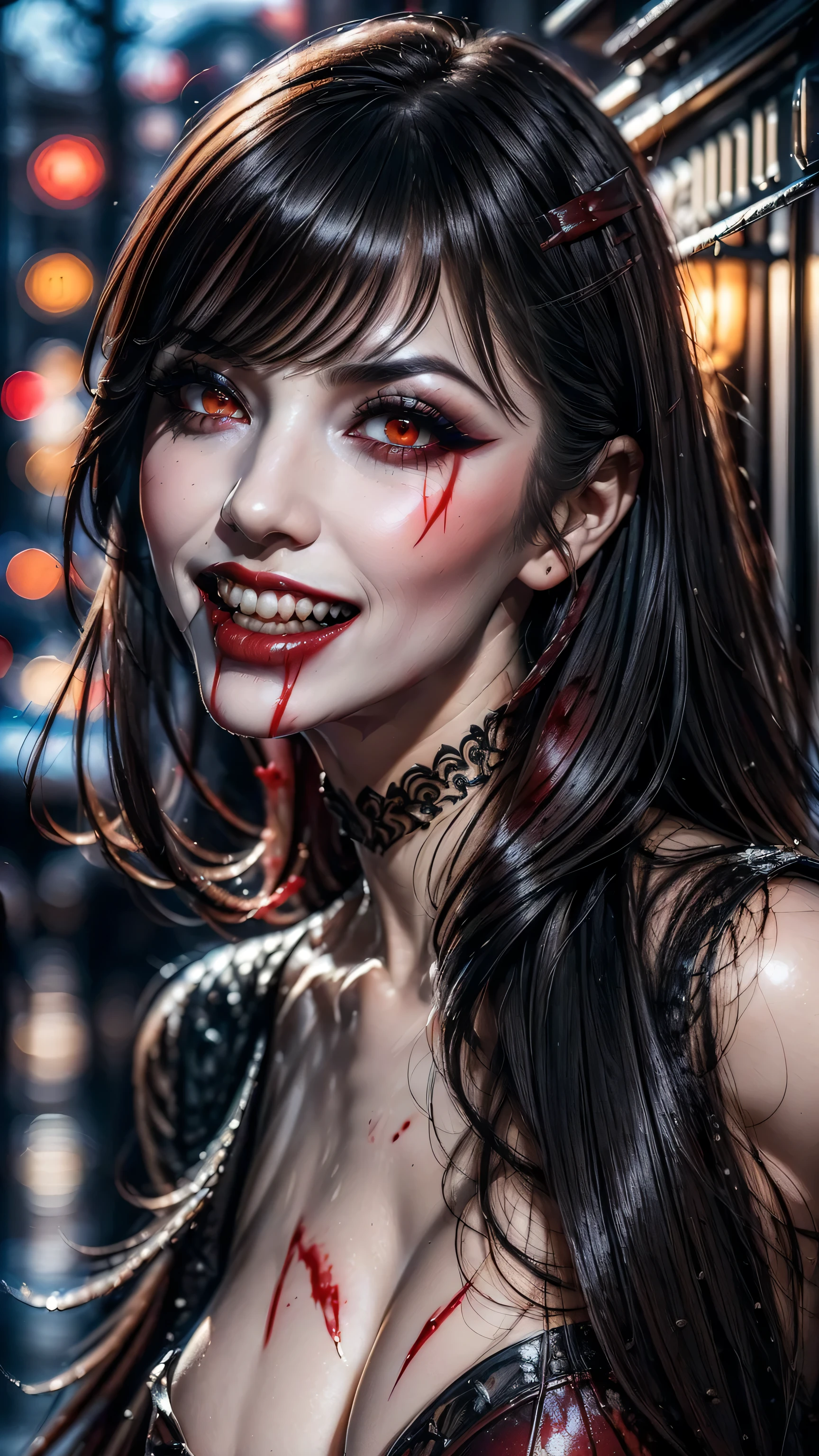 ((close up of face)))、(ultra-detailed)、Ultra-realistic movie master pie with ultra-detailed primetime portraits, 最high quality, 8K, table top, Ultra HD, 1 girl 22 years old、fashion supermodel, blonde curly hair、最high quality, high quality, High resolution、vampire, (((a lot of blood flowing out of her mouth down her face:1.33))), beautiful, sensual, (((teeth like dracula:1.33))). (dressed in a very complicated Extravagant street outfit), real:1.7、photorealistic:1.7、very delicate and beautiful、((masterpiece:1.3)), ((absurdres))、((sharp fous))、(beautiful face:1.45)、(detailed face:1.4)、(detailed eyes:1.35)、(detailed lips:1.2)、(Detailed nose:1.2)、(Glamour, paparazzi taking pictures of her)、((light dark short hair、extremely detailed, professionally made hairstyles))、 (red_eyeshadows:1.5)、 (dark red_lipstick:1.42)、((perfect round eyes))、 ((red_eyes:1.4))、 black_makeup:1.35、((a mocking smile, blood dripping from the corners of his mouth))、(Increase quality:1.4), (best quality real texture skin:1.4),
