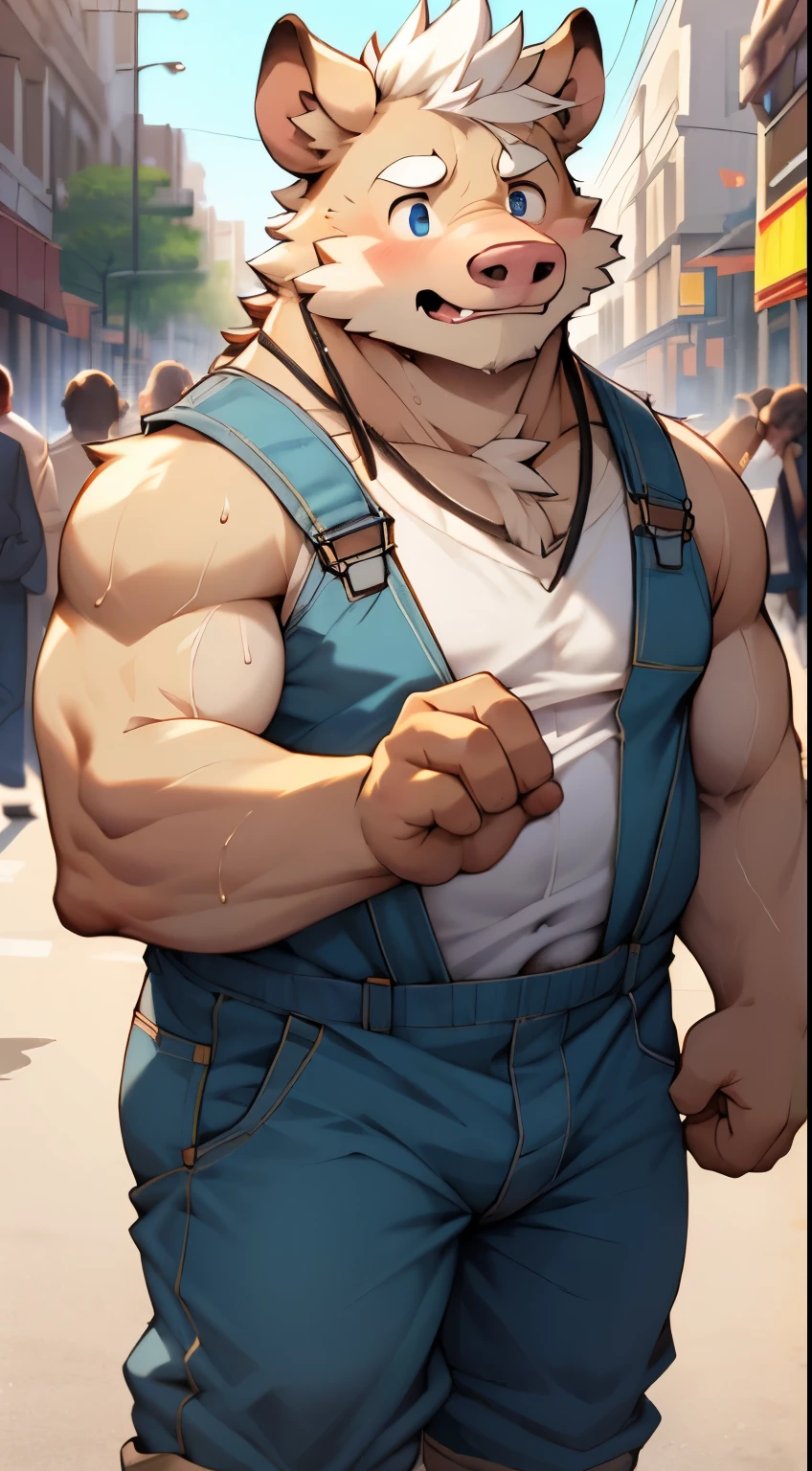 (best quality, 4k, highres, realistic:1.2), boar pig , furry, white-haired, fattish man, naked, powerful, ultra-clear, young kid:1.1, black overalls, obscene,  gold pupils, big eyes:1.1,  tongue hanging out in anticipation, snicker, elegance, abdominal muscle, soft body , in rags , solitary, sweat, western suit, large dick, noticeable abs, urban style, large, looking at the audience, facing the street, western suit