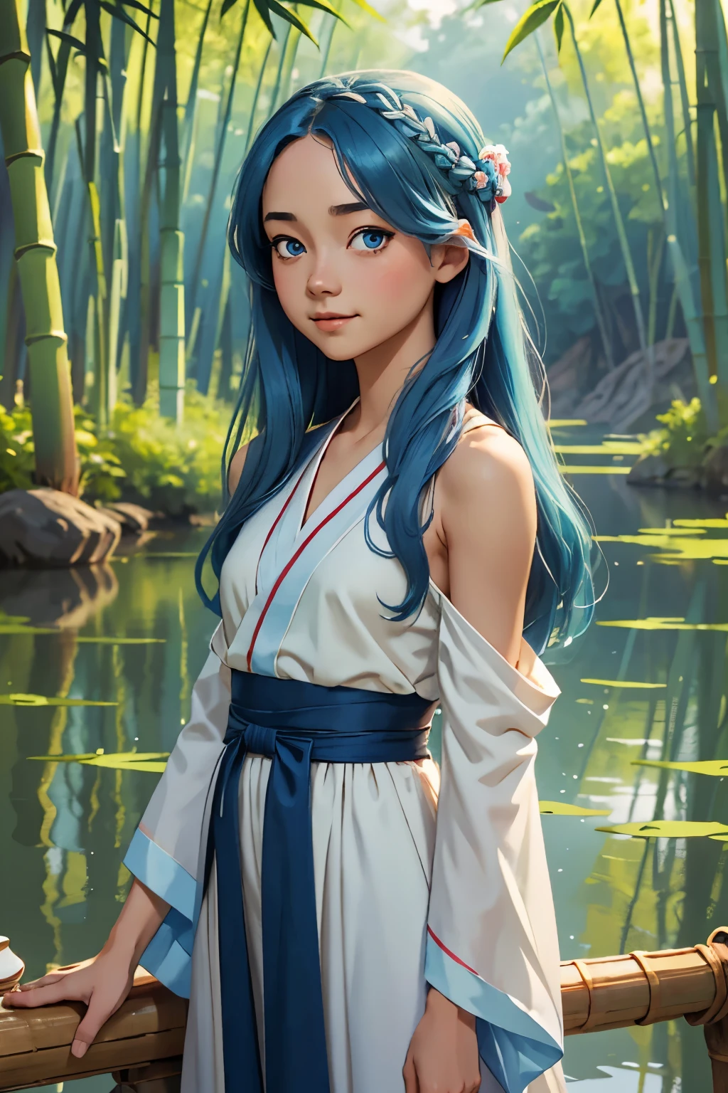 Masterpiece, Best Quality, Official Art, 8k Wallpaper, Very Detailed, Illustration, 1 Girl, Sky Blue Hair, Long Hair, Detailed Eyes, Forrest Gump, Bare Shoulders, Hanfu, Lake, Pure, Soft Smile, bamboo, tea