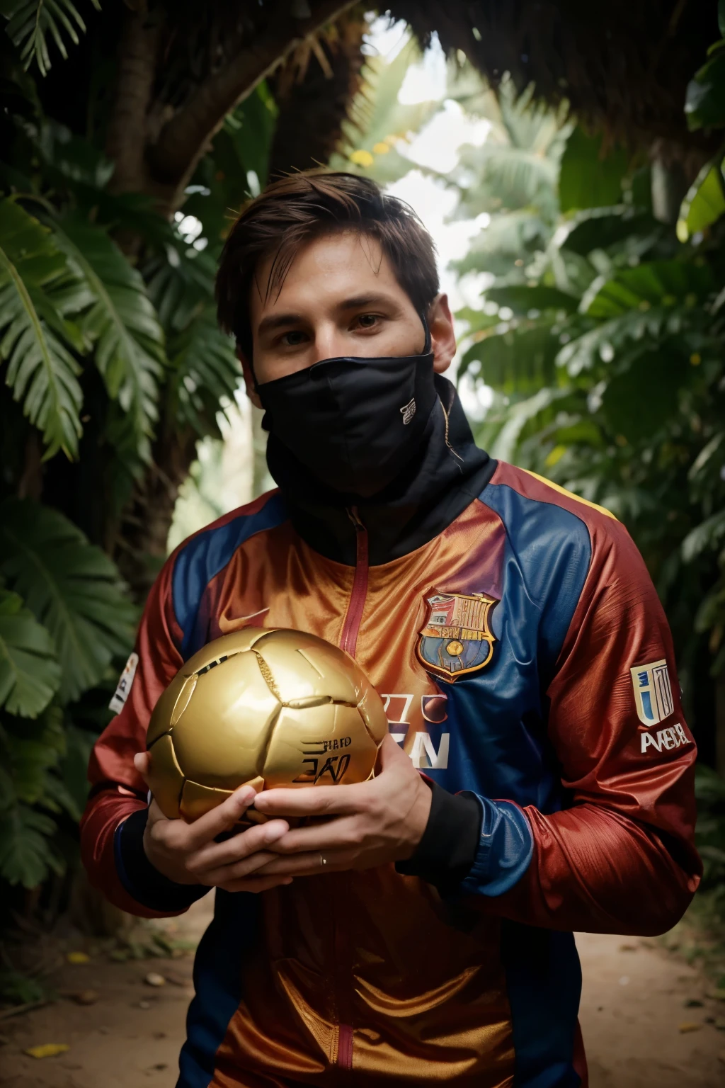 messi , fullbody , see camera , his hand in golden football prize, he face is thief , mask is only eye, magical and colorful world, todos felizes, ambiente de felicidade e fraternidade, floresta, montanha, rios e cachoeiras