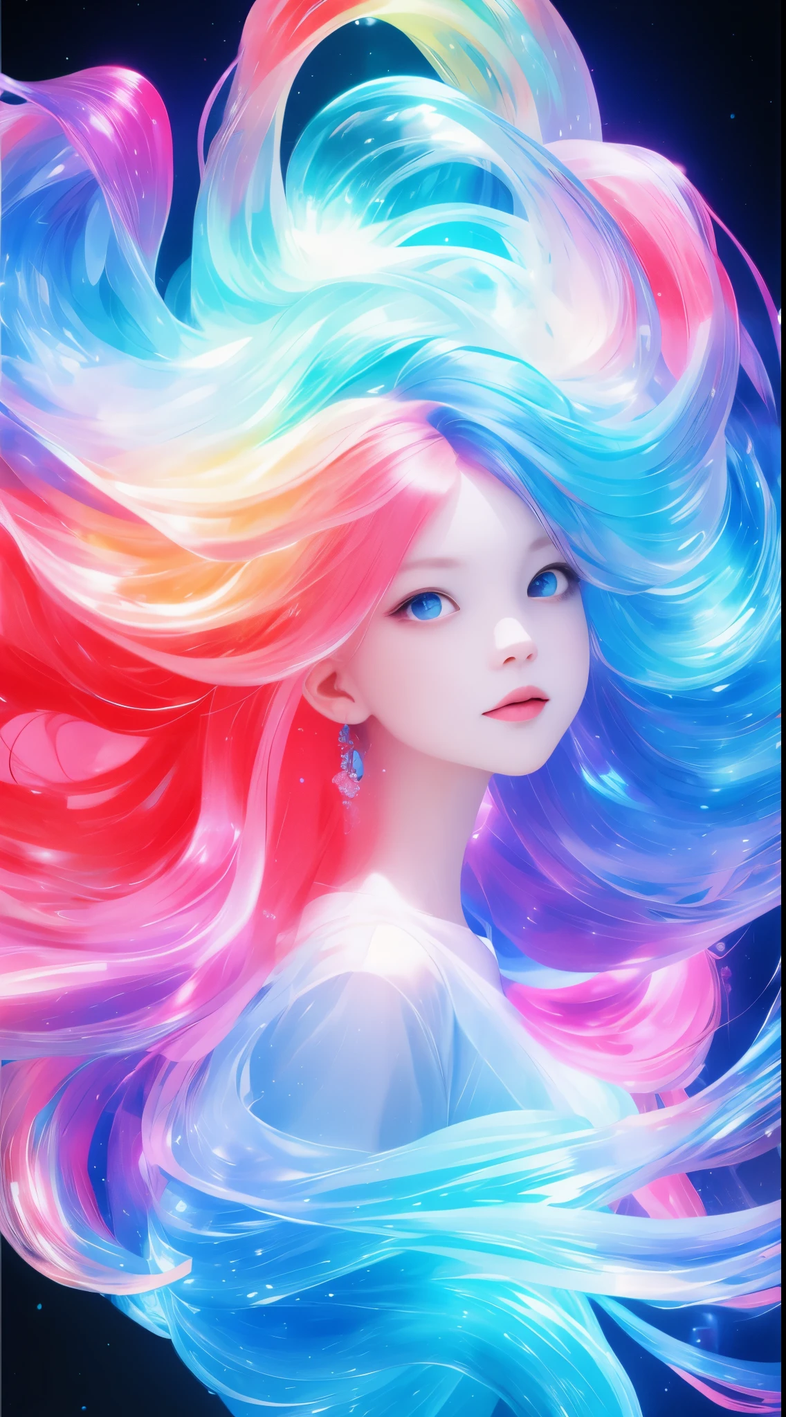 a girl,rainbow colors的头发,Romanticized nature,curls,A dreamlike realm,light white and light red,The atmosphere is very good,wave. 3d. rainbow colors. The melting beauty of the universe. Surrealism in Nebula Reflections. glass texture,Translucent,crystal