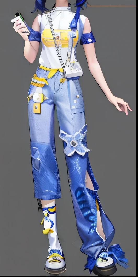 one in costume、Close-up of man wearing hat and mobile phone, Moon themed clothing, blue jeans. Unreal 5, baggy jeans, Keda, full body xianxia, Style Games Square Enix, Popular topics on cgstation, cgstation trends, In-game graphics, clothes high detail, Fashion gameplay screenshots, realistic clothing, e-girl