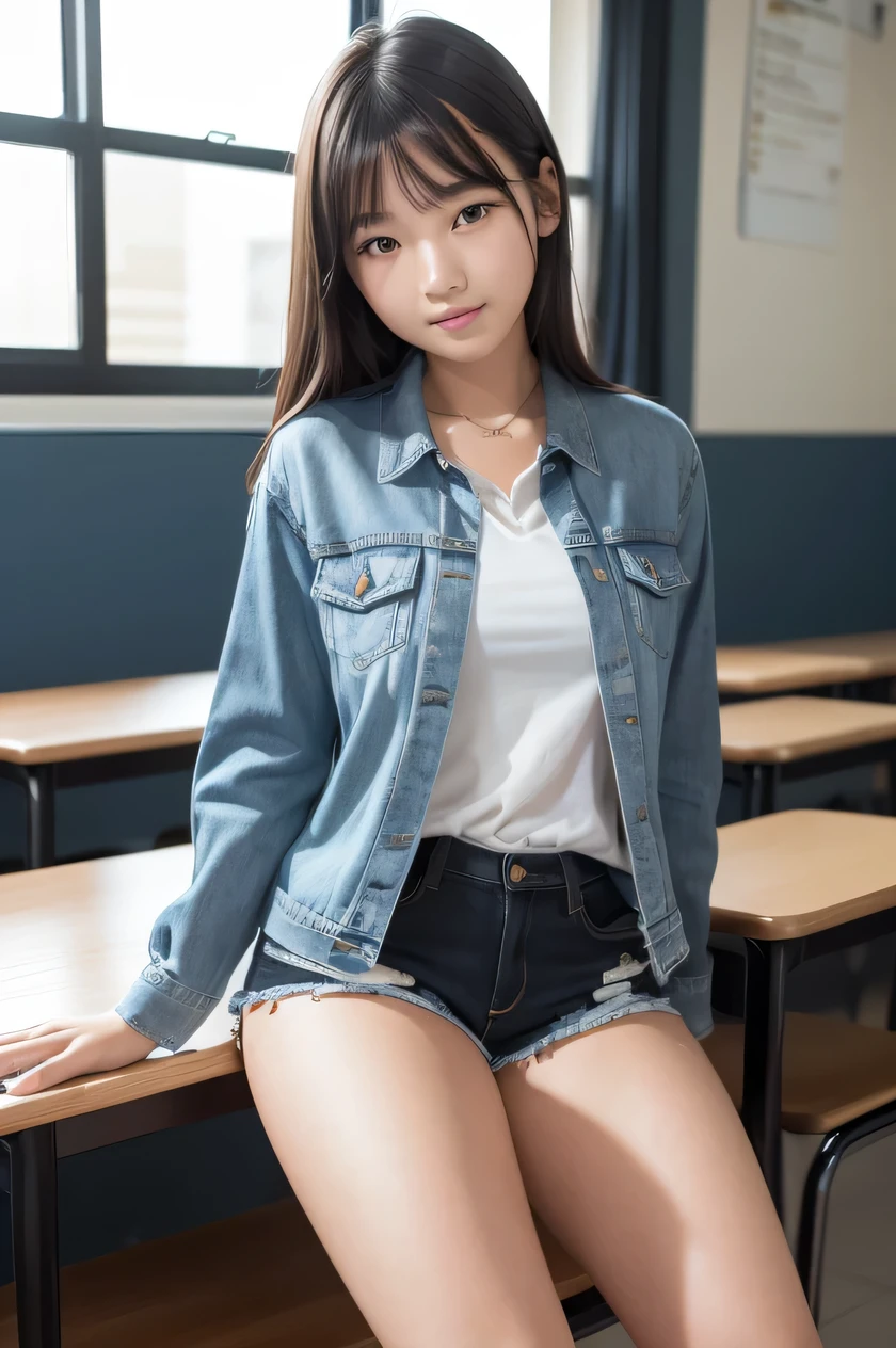 Top Quality, High, Resolution., extremely highly detailed, masterpiece, Raw-Photo, realistic, Photorealistic, very delicate and beautiful, delicate detail, textured skin, 1girl, Sol, 18-year-old Japanese girl, a high school class room, (Body facing the camera:1.3), (Sit on a school chair with your legs spread to the sides:1.2), (Show me your white panties:1.2), Wearing ((Dark blue jacket and plaid skirt)), white shirts, Tall, Brown hair, (bare legs:1.1), perfect proportions, (Do not expose the upper body)、(In SFW)