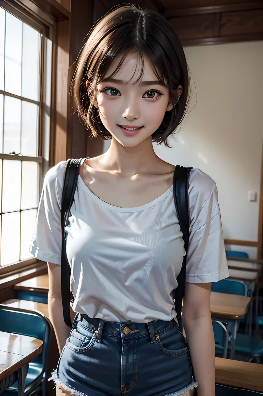 one girl, Japanese high school student, (a beauty girl, delicate girl:1.3), (, gal:1.3), (denim shorts:1.2), very fine eye definition, (symmetrical black eyes:1.3), stare at the camera, A big smile, show teeth, (school room view:1.2), small breasts, brown short hair, girl, (eyes and faces with detailed:1.5), (masterpiece, best quality, ultra detailed, detailed face, 8k),