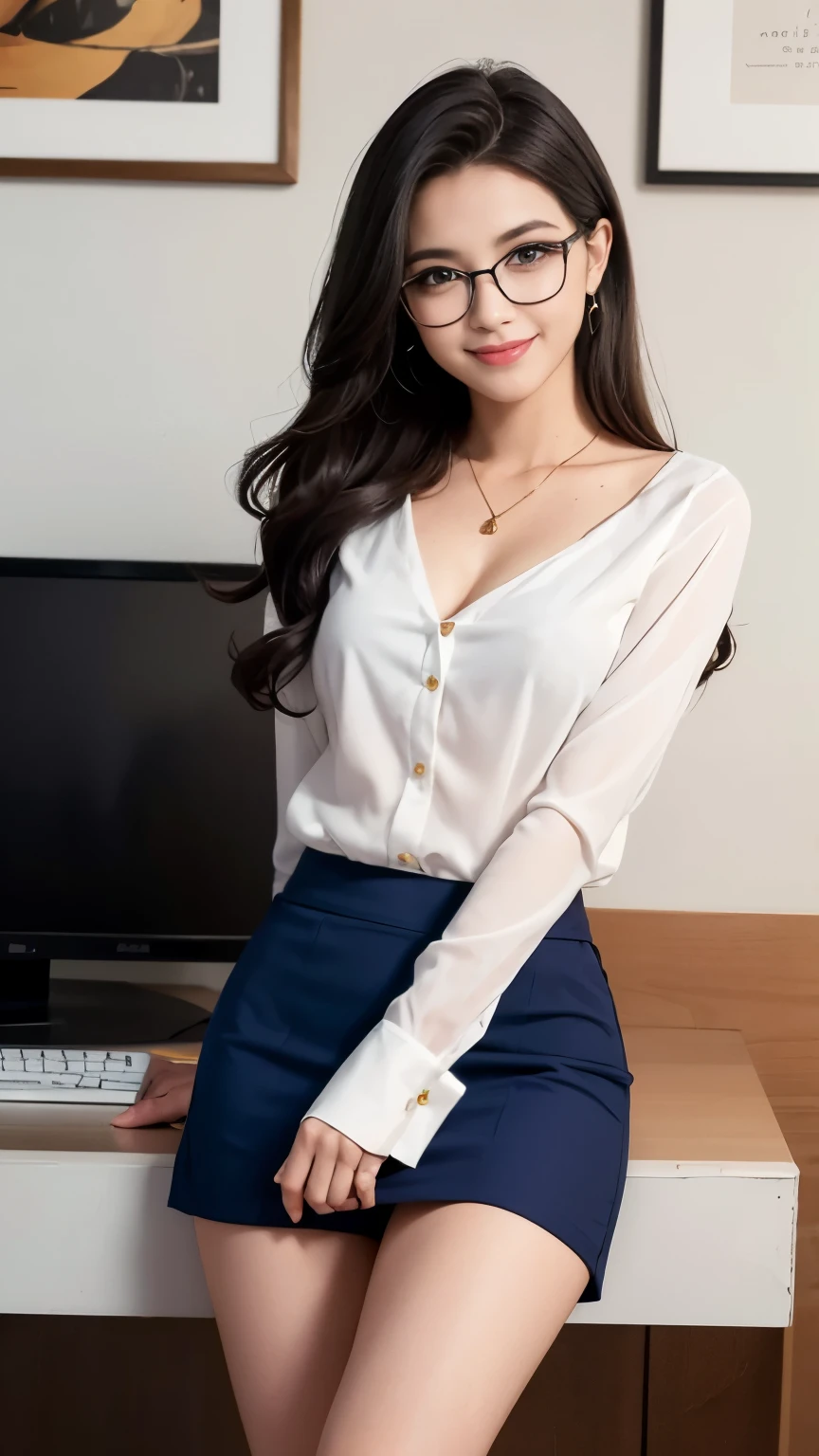 melhor qualidade, mesa, lindas mulheres maduras、rosto bonito、Mulher de mente forte、Dark blue office suit、cabelos castanhos、(Olhos castanhos)、Cabelo comprido、Olhos subdimensionados、Corpo inteiro como, soft yellow small skirt, red panties, perna cruzada, sorriso aparente, sem meia, sapato preto, top preto com renda vermelha, glasses