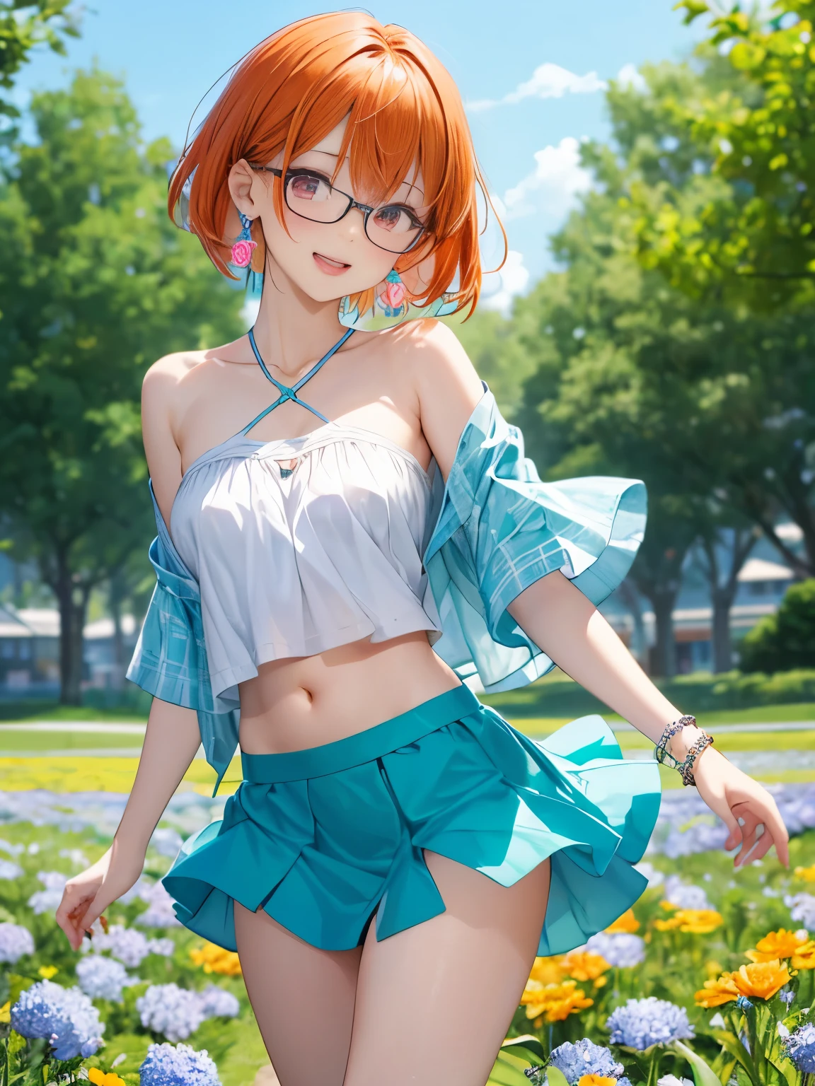 The arrival of spring、 (solo:1.5,)super detailed,bright colors, very beautiful detailed anime face and eyes, Look straight, ;D, shiny_skin,girl, ((Red-pink eyes))、 short hairstyle、(Straight Belly Short)、((orange hair))、cute girl、wearing glasses、、shiny hair, delicate beautiful face, blush、(turquoise eyes), White skin, Barrette, earrings,、blue flower field、Tube top、mini skirt、