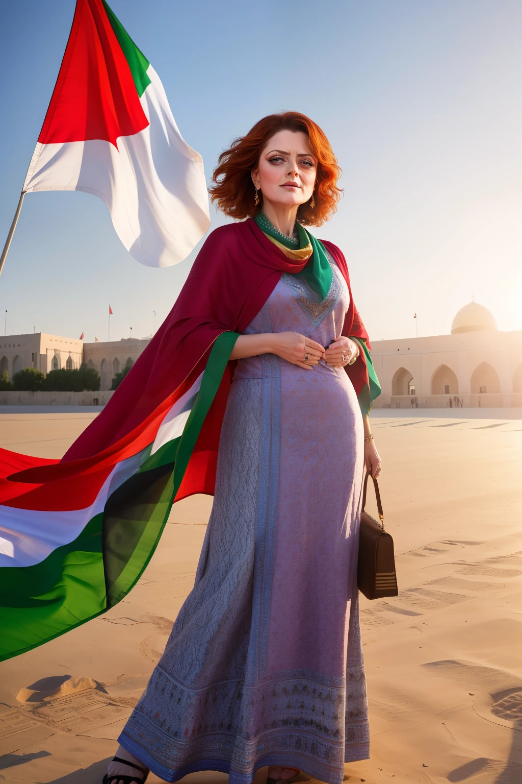 Susan Sarandon, radiantly dressed in elegant Palestinian attire, stands before the majestic waving drapeau of Palestine. The intricate embroidery on her traditional outfit shimmers under the warm Middle Eastern sun, reflecting off her expressive, deep-set eyes. The Palestinian flag behind her billows in the gentle breeze, its vibrant colors showcasing a strong commitment to heritage and identity. Susan's refined demeanor and captivating presence exude a sense of wisdom and intrigue, making for a striking and evocative portrait.