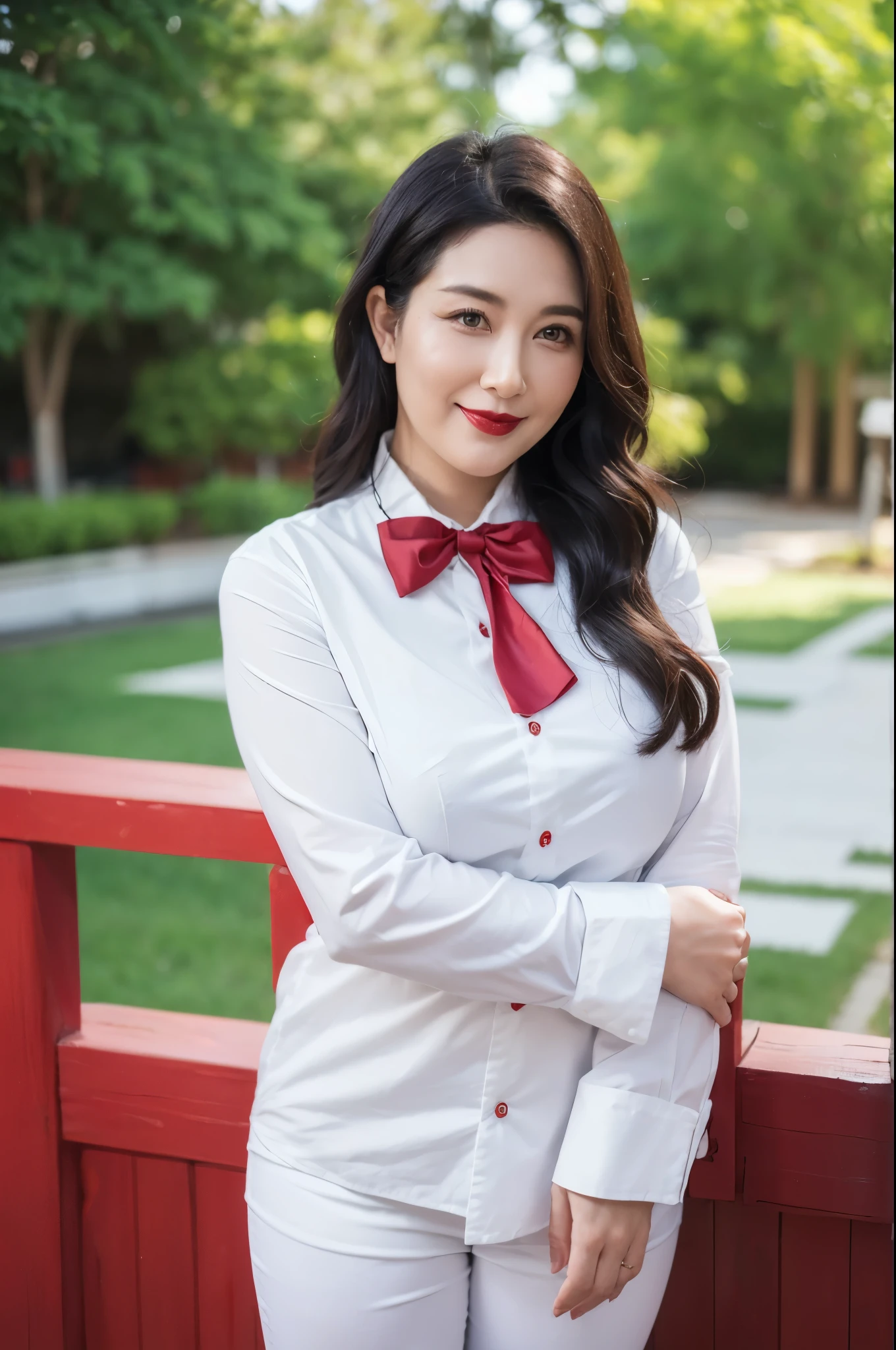 ((top quality、8k、masterpiece:1.3))、sharp focus, High level of image quality, high resolution,,white shirt,red bow tie,black jeans,37-year-old woman with long wavy hair,Mature,charming smile,Draw lips correctly, red lipstick,stand,Slightly fat,Big breasts,garden background,full-body shot