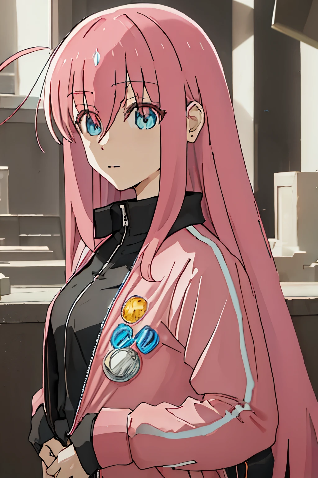 best quality, masterpiece, highres, solo, {goto_hitori_bocchitherock:1.15}, pink_hair, bangs, long_hair, hair_between_eyes, cube_hair_ornament, one_side_up, hair_ornament, blue_eyes, 1girl, closed_mouth, jacket, pink_jacket, track_jacket, upper_body