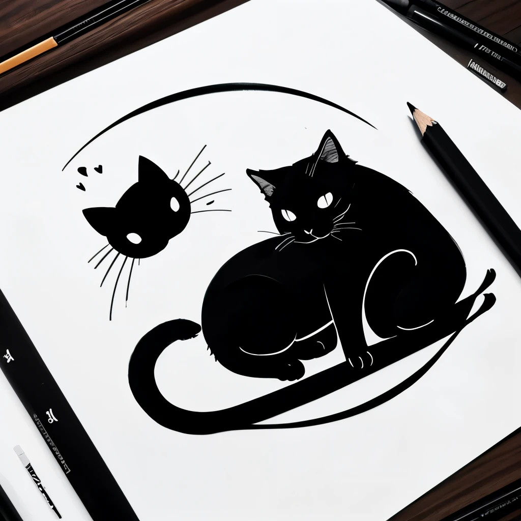 Drawing logo Design, logo, Black and white stick figure 1 black cat, beautiful line art, pencil and ink comics, black and white coloring, Drawing sign