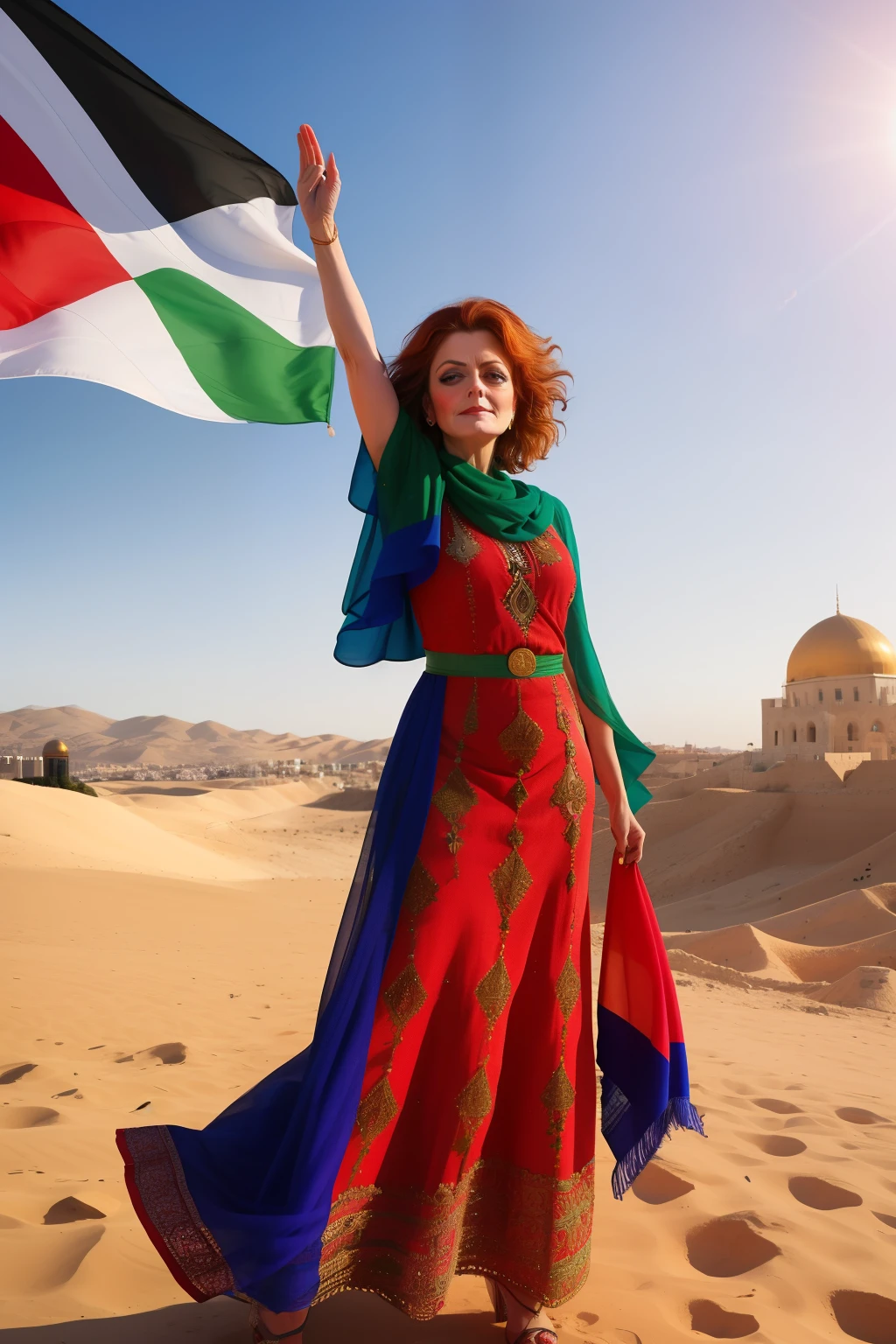 Susan Sarandon, radiantly dressed in elegant Palestinian attire, stands before the majestic waving drapeau of Palestine. The intricate embroidery on her traditional outfit shimmers under the warm Middle Eastern sun, reflecting off her expressive, deep-set eyes. The Palestinian flag behind her billows in the gentle breeze, its vibrant colors showcasing a strong commitment to heritage and identity. Susan's refined demeanor and captivating presence exude a sense of wisdom and intrigue, making for a striking and evocative portrait.