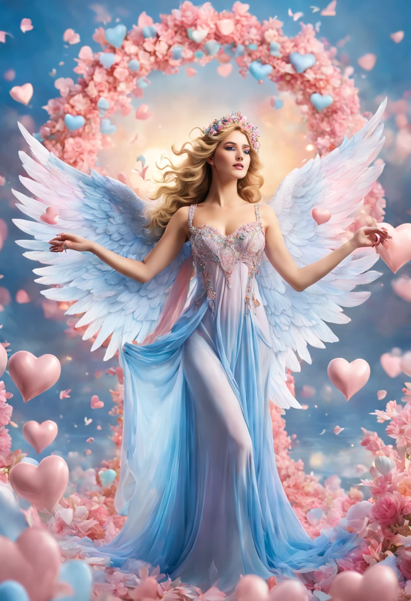 Envision Aphrodite, the goddess of love and beauty, adorned in ethereal attire that reveals her divine beauty. With grace and allure, she summons a flurry of flying love hearts with wings, filling the air with a whimsical charm. The hearts flutter around her in hues of baby pink and blue, carrying the essence of love wherever they go.

Capture the mesmerizing beauty of Aphrodite as she orchestrates this enchanting display, surrounded by a dreamy atmosphere of pastel colors. Let the scene radiate with the timeless elegance and enchanting magic of love's embrace, inviting viewers to immerse themselves in this celestial moment.