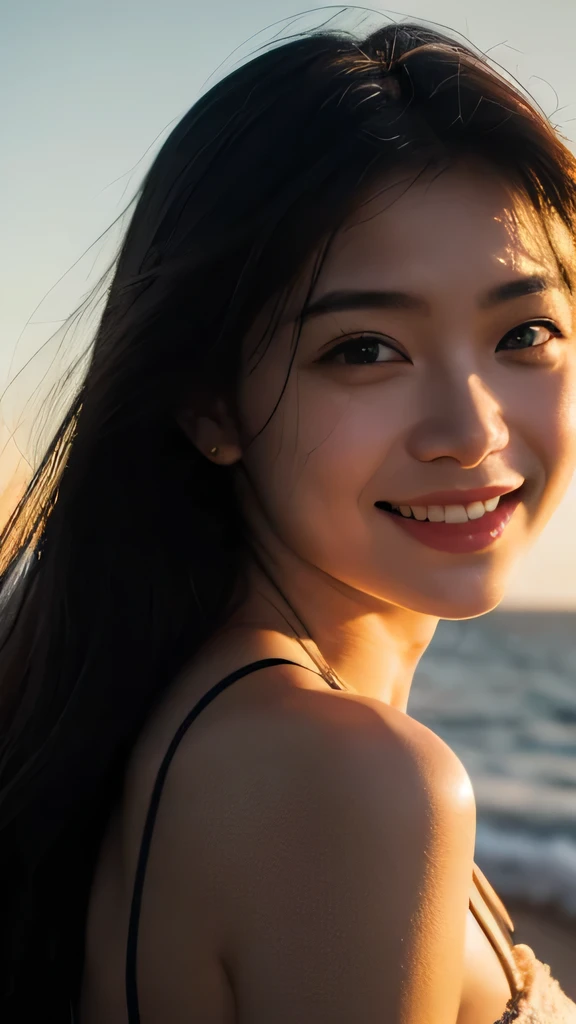 highest quality,masterpiece,ultra high resolution,(reality:1.4),original photo,cinematic lighting, 1 girl,smile,Backlight,Ocean,
