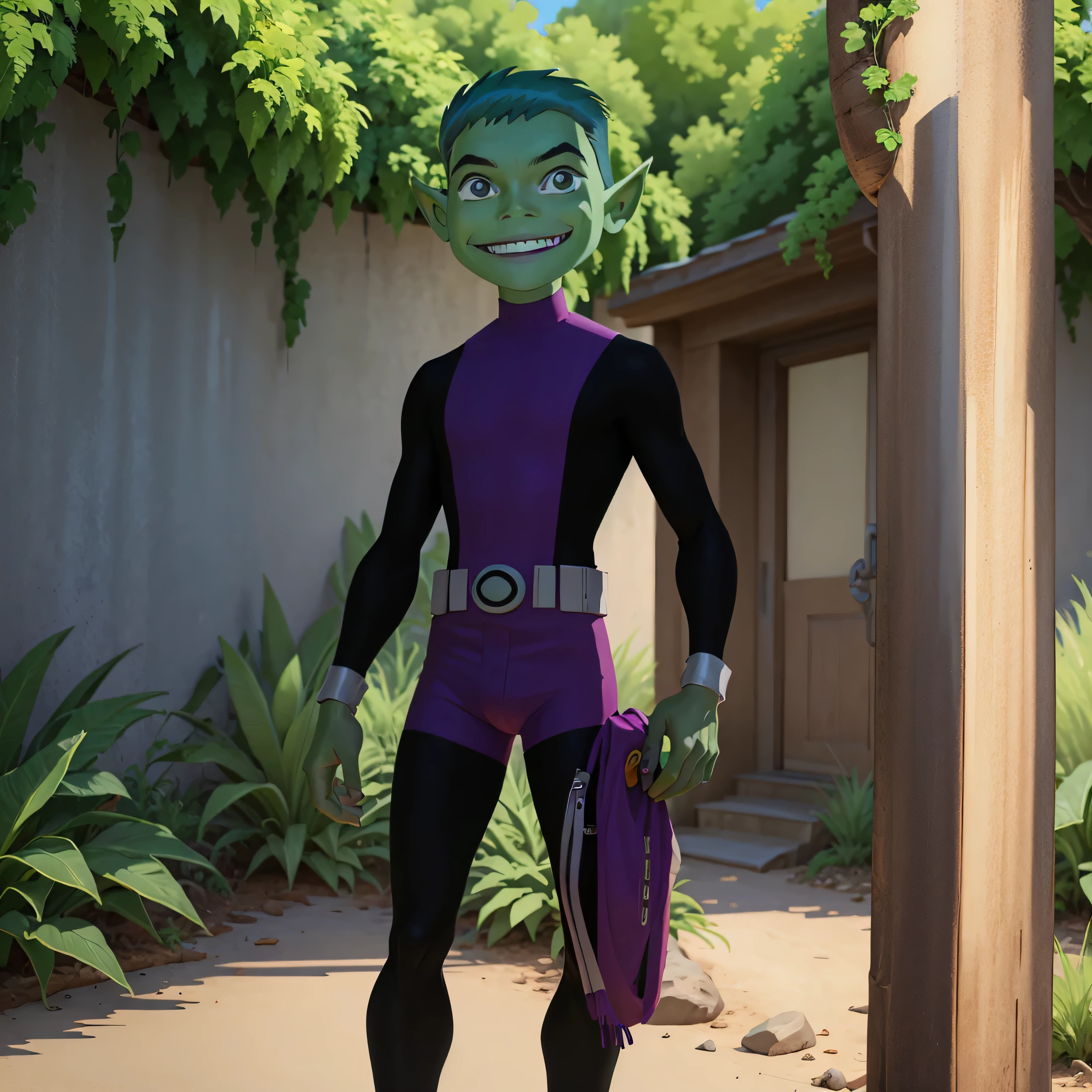 ((masterpiece,best quality)), absurdres, BeastBoy_TeenTitans, 1boy, solo, green eyes, green hair, green skin, colored skin, pointy ears, purple bodysuit, solo, smiling, looking at viewer, cowboy shot,