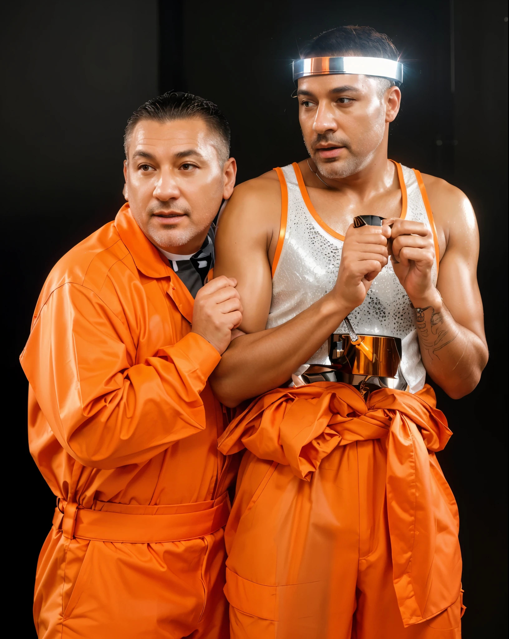they are two men in orange prison uniforms posing for a picture, wearing orange prison jumpsuit, two men scared, one man european another man black, dressed in orange inmate attire, prison jumpsuit, wearing prison jumpsuit, with prison clothing, really funny, digital art, detailed digital art, beautiful light, reflective, best quality, 4k, masterpiece:1.2, ultra-detailed, realistic, vivid colors, The image of the highest quality, ensuring every detail showcased perfectly. It in 4k resolution, allowing viewers to immerse themselves in the richness of the colors and intricate details. The realistic rendering. reflecting, high-resolution image, realistic rendering, rim light, multiple light sources, rim light, sharp post effects render, (glossy metallic texture with multiple big light probe refractions), perfect cgi, cgi art created only with gradients, smooth silhouette,