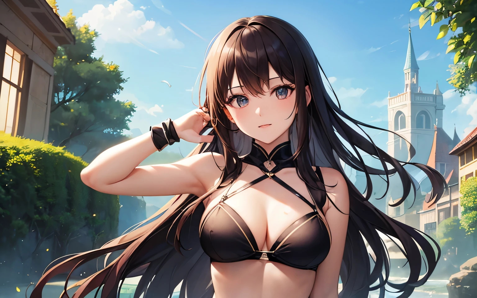 High quality、8k、beautiful girl、female hero、fantasy world、bright background、rich in nature、bikini armor、cool atmosphere、
