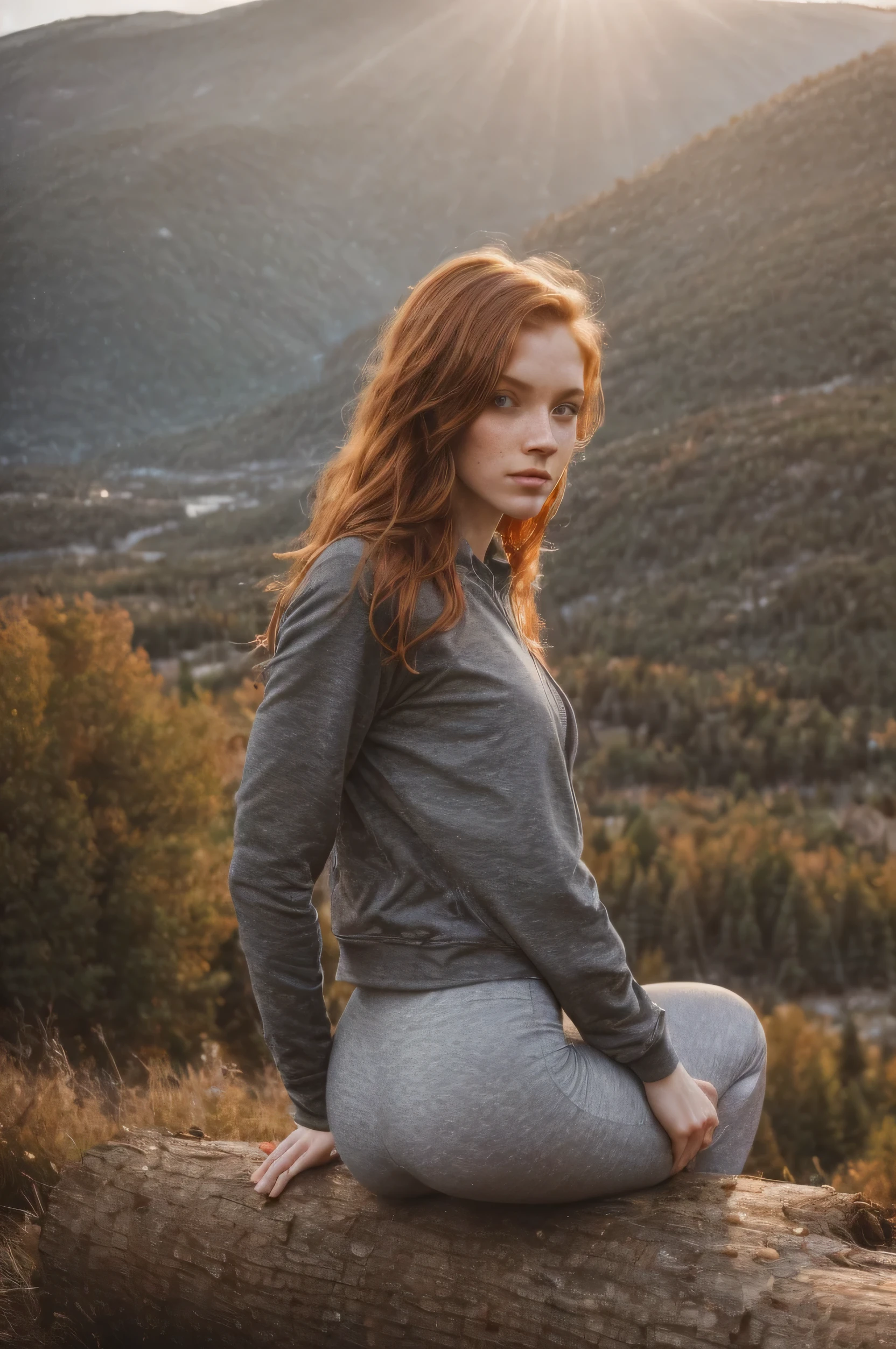 (1girl in, , extremly skinny, looking sick, underwear, half naked, Solo, Aesthetic artwork, irish redhead, wavy ginger hair, shoulder length ginger hair, light grey eyes, some small freckles, pale skin, A-cup, small breasts, runners body, full body, sitting on the log (textured skin, skin pores:1.1), perfect skin, goosebumps, wearing dark gray jacket, wearing navy blue leggings, in a clearing looking at Rocky mountains, early winter, snow, mountains, blury background, (front to camera, looking away: 1.25), (extremely detailed 8k wallpaper), (hard lighting), high quality, film grain, Fujifilm XT3 sharp focus, f 5.6, 50mm, High Detail, Sharp focus, (natural light), crazy details, complex details, hyperdetailed, sunshine golden hour