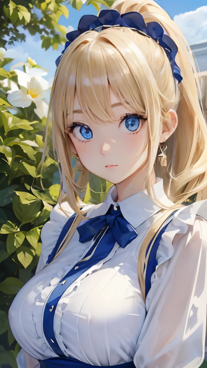 (masterpiece:1.2), (highest quality:1.2),, Curvy but slender body, perfect eyes, perfect face, perfect lighting, 1 girl, in the garden, (blouse),(whole bodyが見える),(maid),(ponytail),curly hair, fine clothes, detailed outdoor background, compensate, eye shadow, thick eyelashes, fantasy, looking at the viewer, whole body、blue sky、Bright and very beautiful face、young shiny glossy white shiny skin、the best beauty、the most beautiful bright blonde hair in the world、thin hair、long hair、Shining beautiful bangs、big shining blue eyes、Very beautiful and lovely 18 years old, the most beautiful girl in the world、small breasts